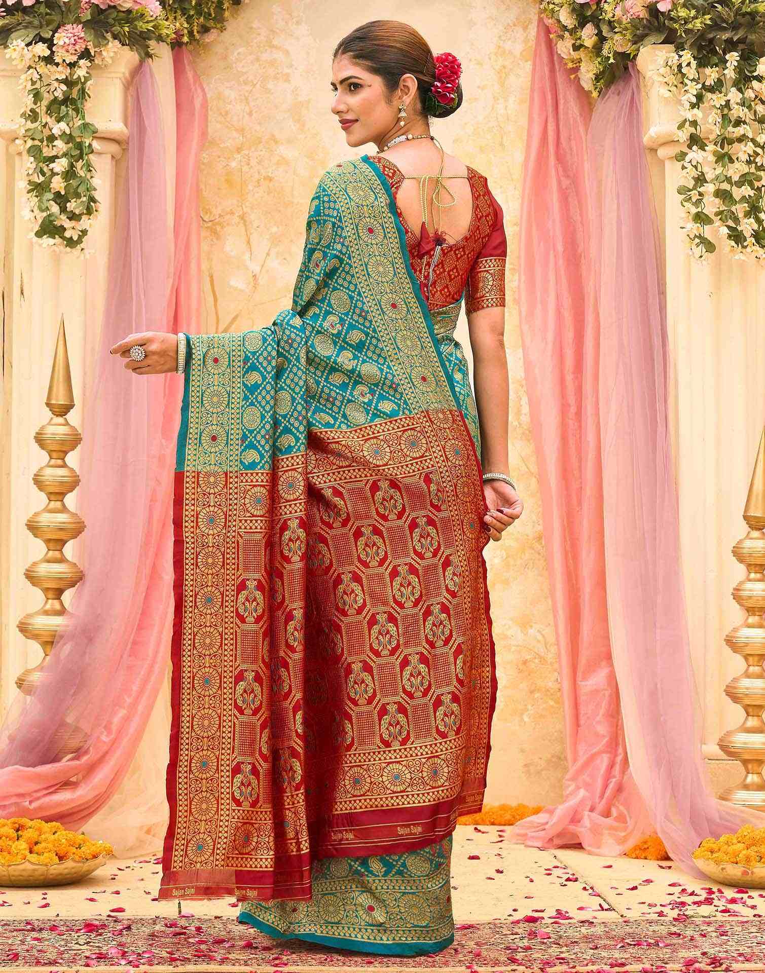 Teal Green Silk Woven Banarasi Saree - Image 6