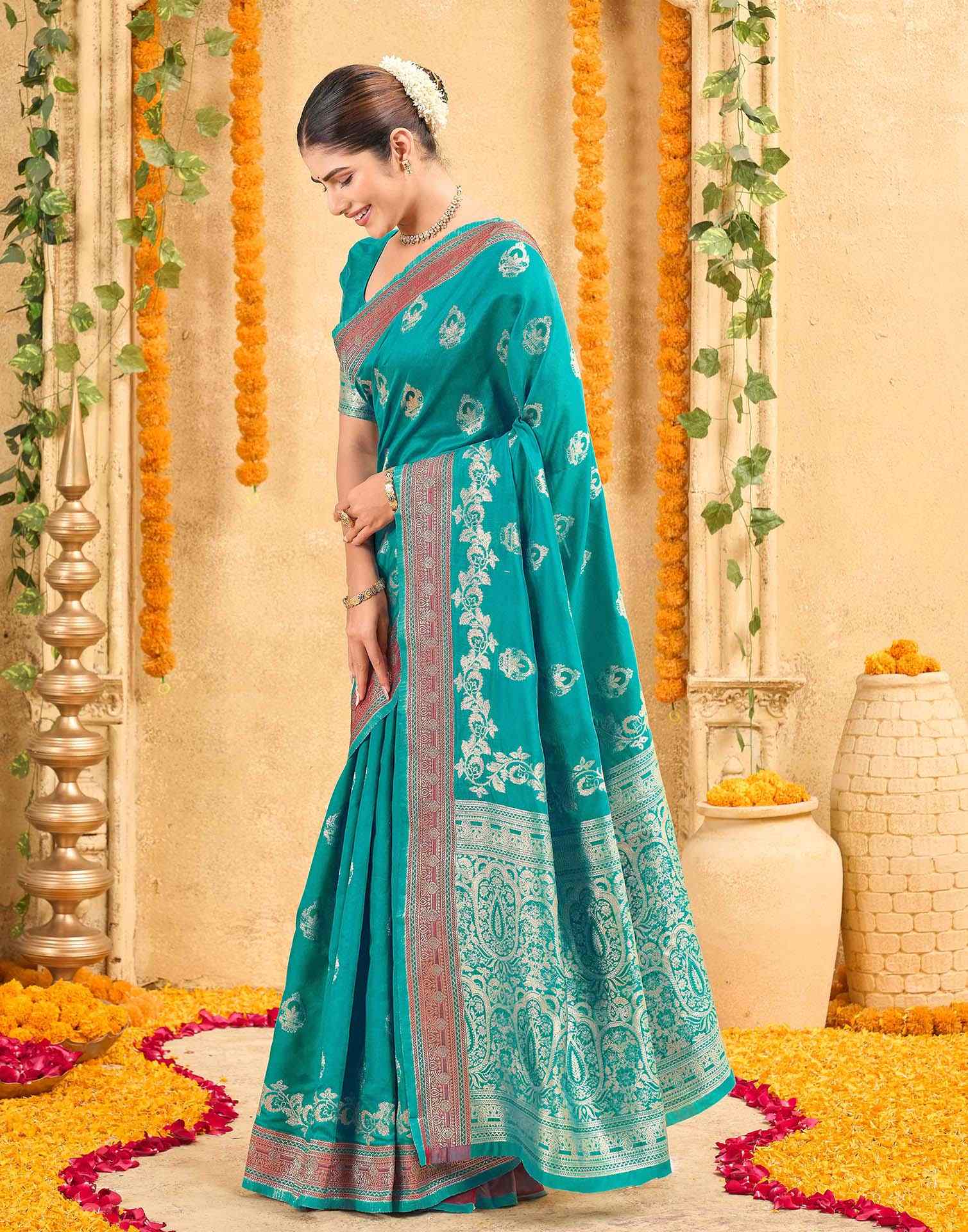Teal Green Silk Woven Banarasi Saree - Image 4