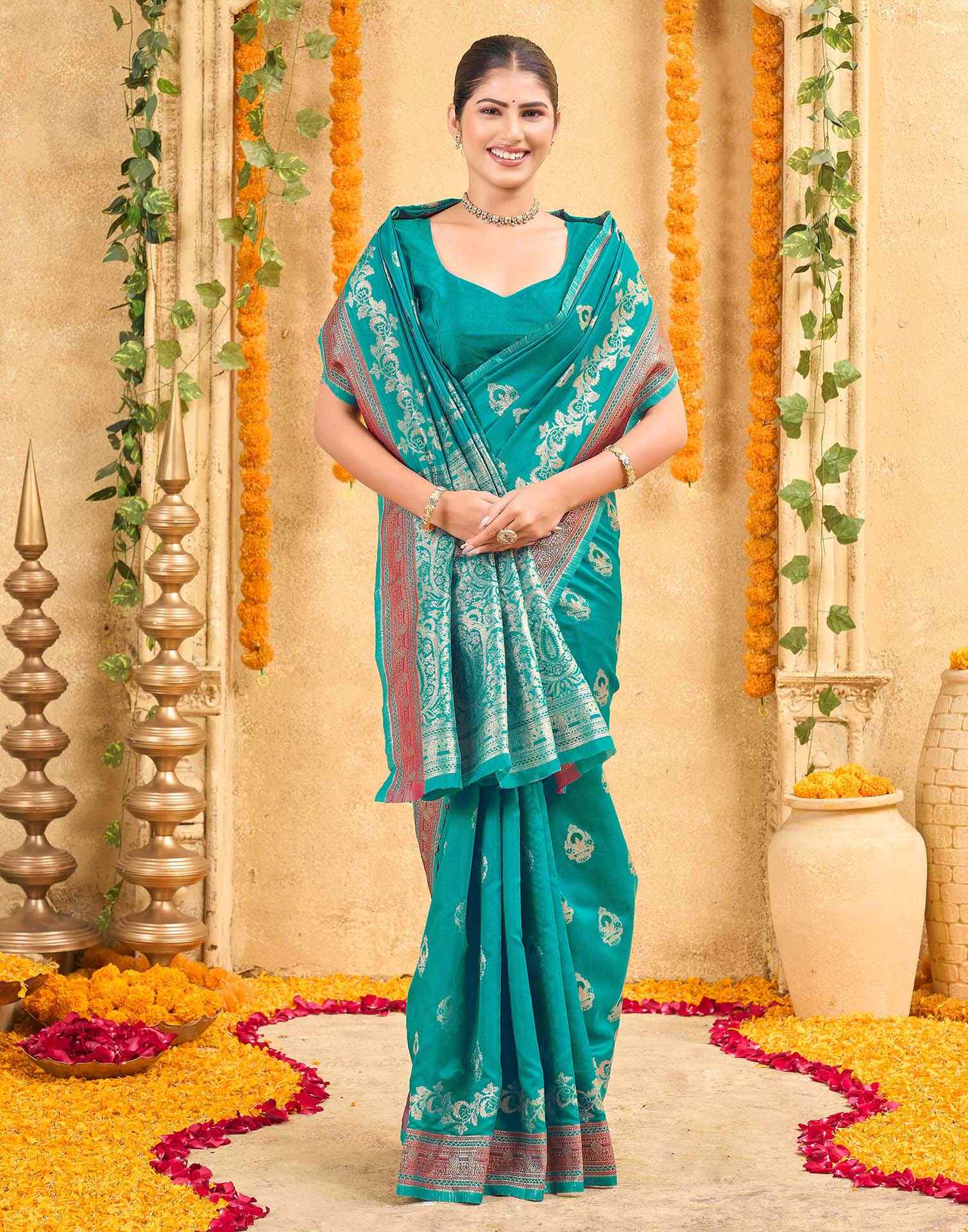 Teal Green Silk Woven Banarasi Saree - Image 5