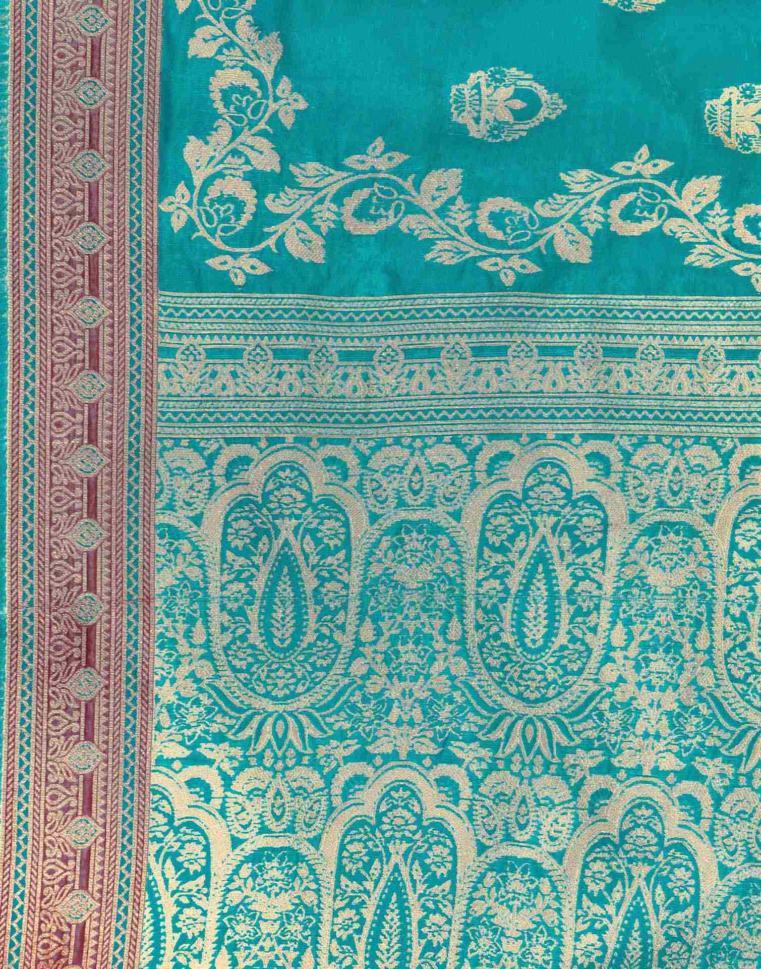 Teal Green Silk Woven Banarasi Saree - Image 7