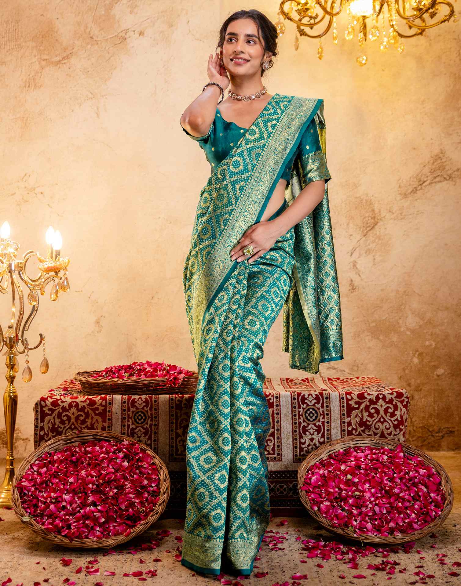 Teal Green Silk Woven Banarasi Saree - Image 11