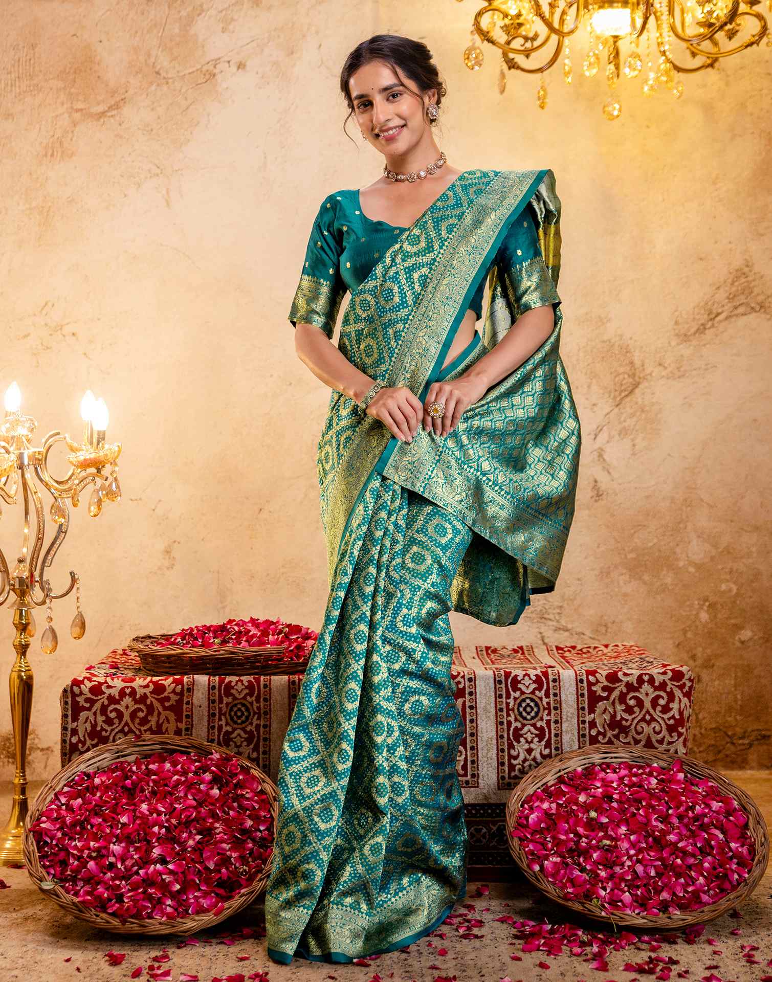Teal Green Silk Woven Banarasi Saree - Image 12