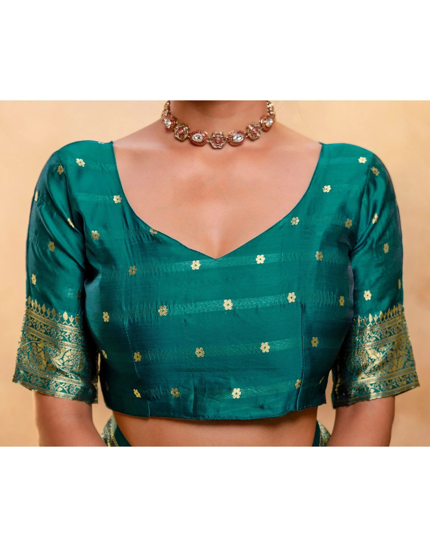 Teal Green Silk Woven Banarasi Saree - Image 15