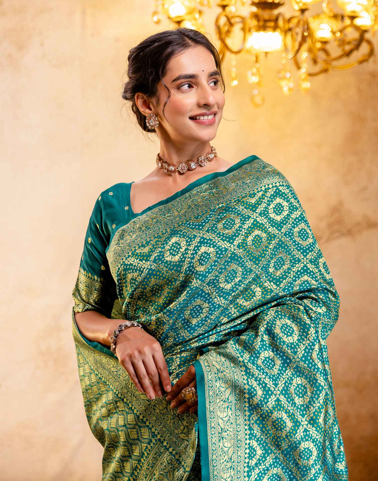 Teal Green Silk Woven Banarasi Saree - Image 2