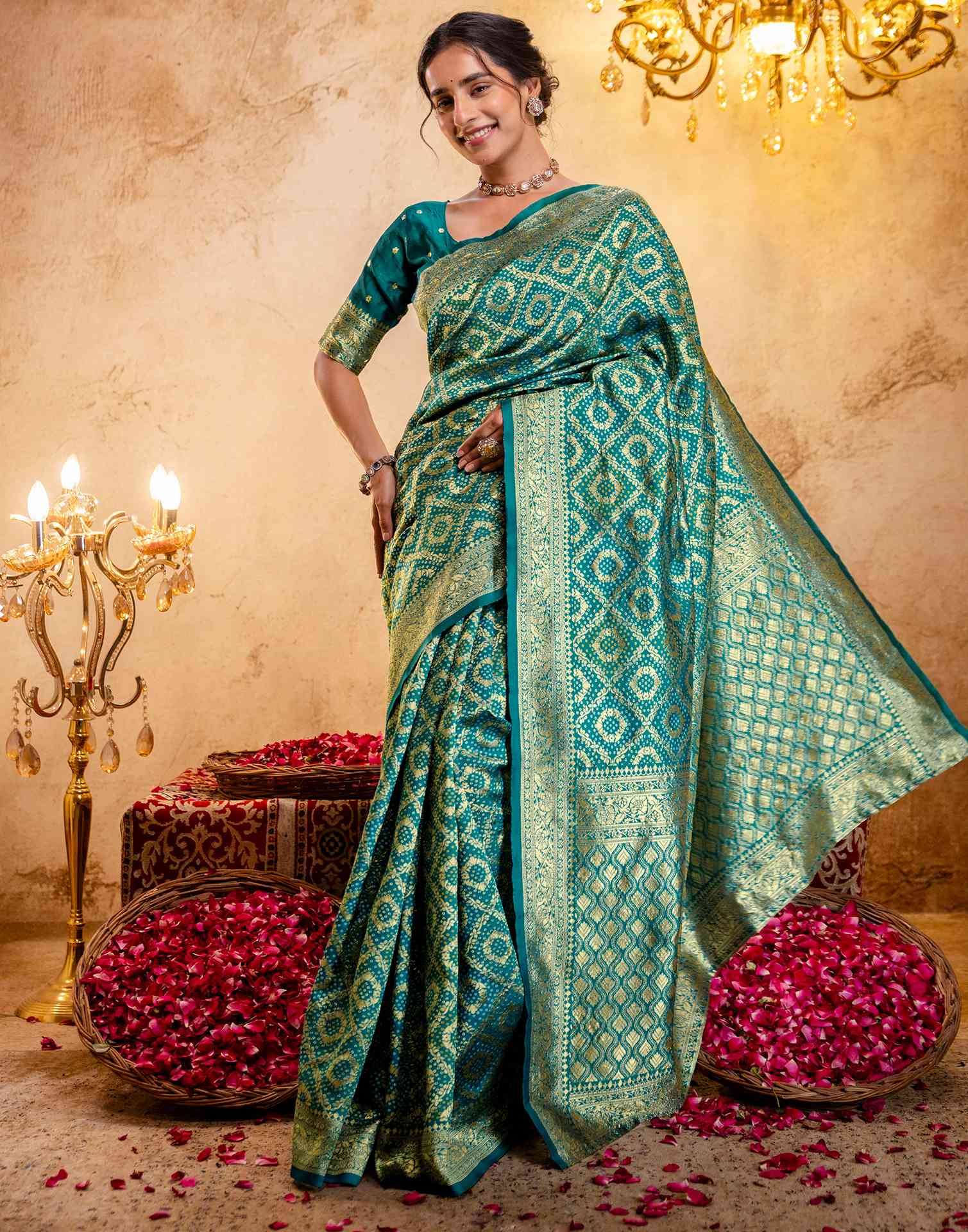Teal Green Silk Woven Banarasi Saree - Image 5