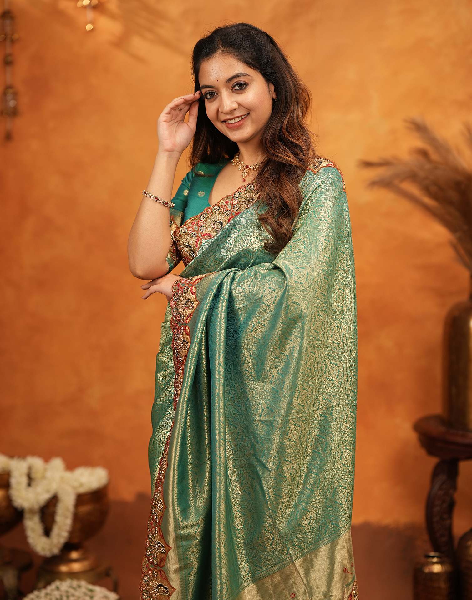 Teal Green Silk Woven Embroidery Stone Work Banarasi Saree - Image 10