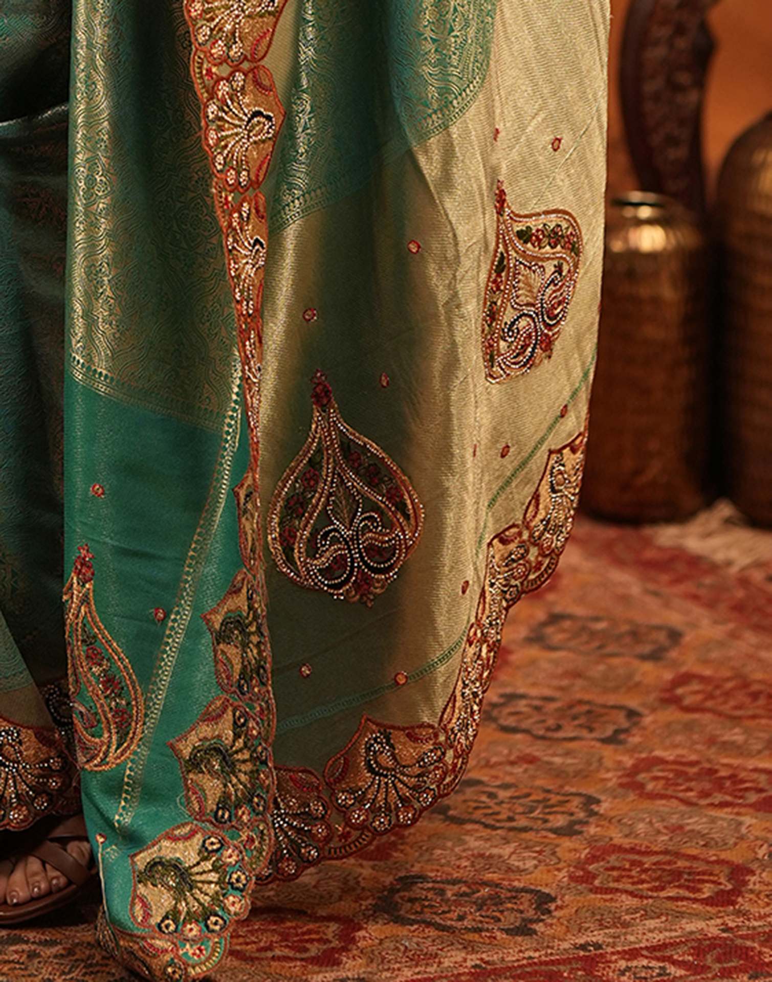 Teal Green Silk Woven Embroidery Stone Work Banarasi Saree - Image 13