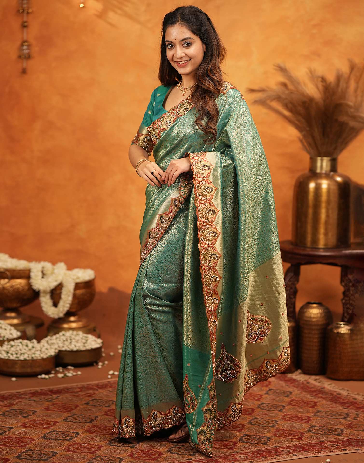 Teal Green Silk Woven Embroidery Stone Work Banarasi Saree - Image 5