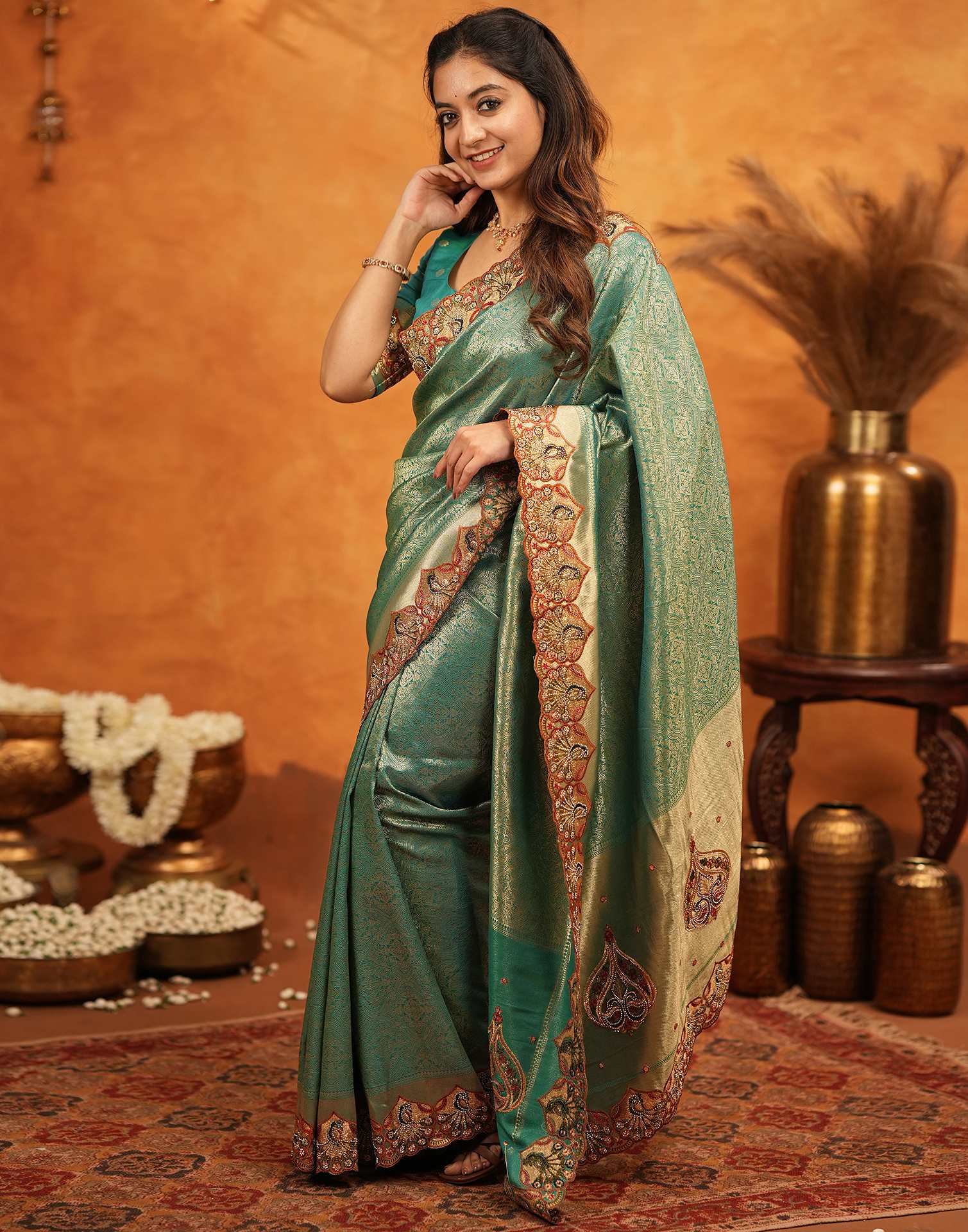 Teal Green Silk Woven Embroidery Stone Work Banarasi Saree - Image 6