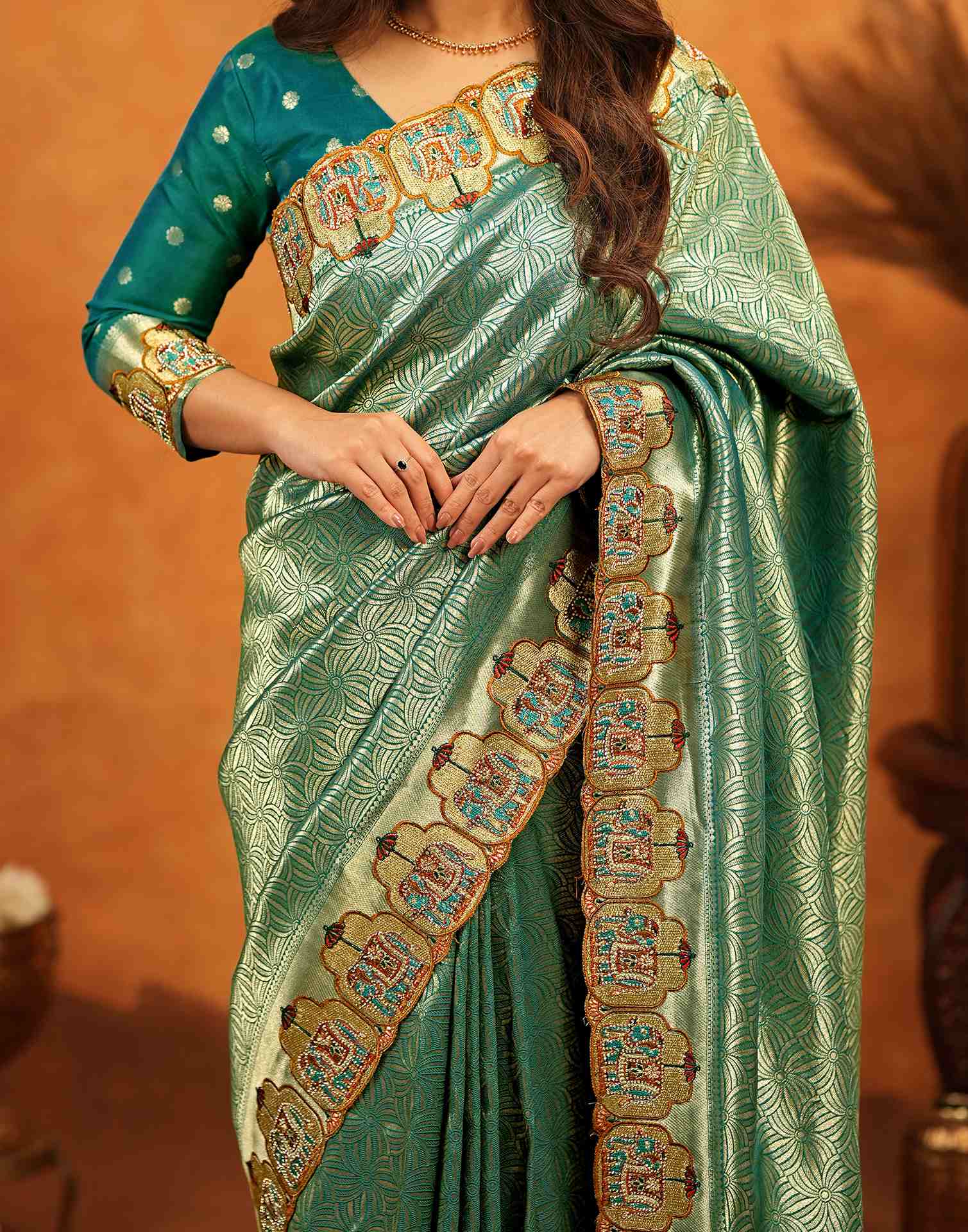 Teal Green Silk Woven Embroidery Stone Work Embellished Saree - Image 12