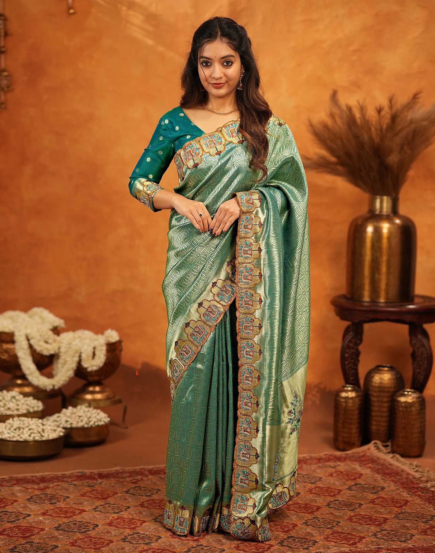 Teal Green Silk Woven Embroidery Stone Work Embellished Saree - Image 2