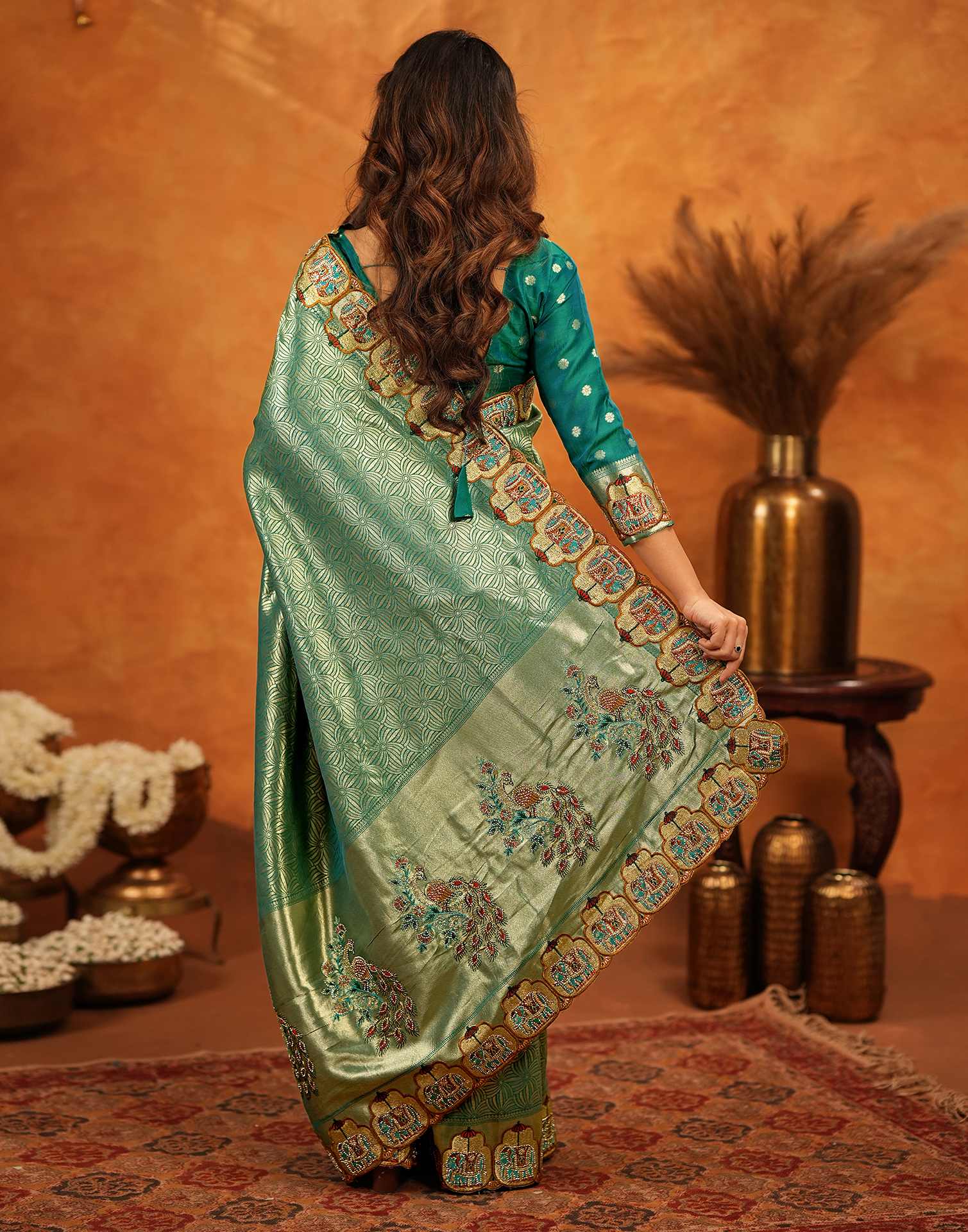Teal Green Silk Woven Embroidery Stone Work Embellished Saree - Image 4