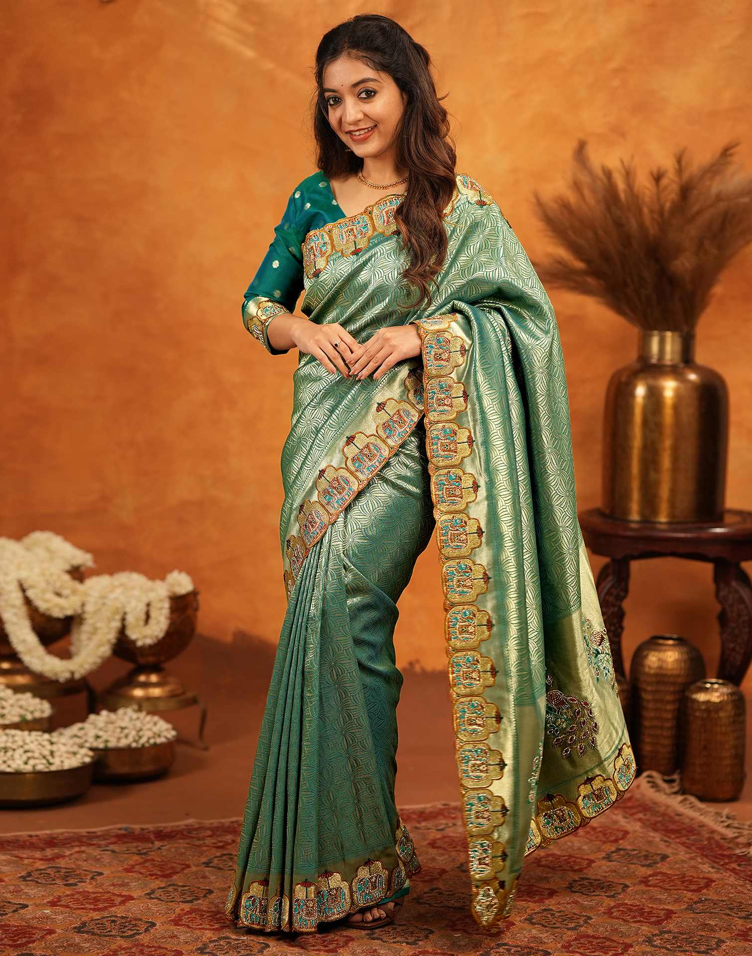 Teal Green Silk Woven Embroidery Stone Work Embellished Saree - Image 5