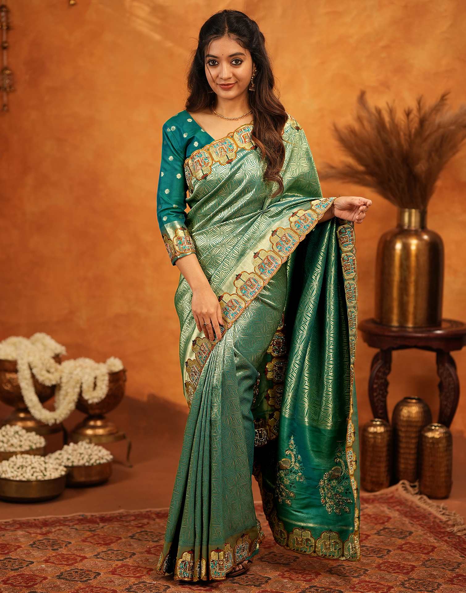 Teal Green Silk Woven Embroidery Stone Work Embellished Saree - Image 7
