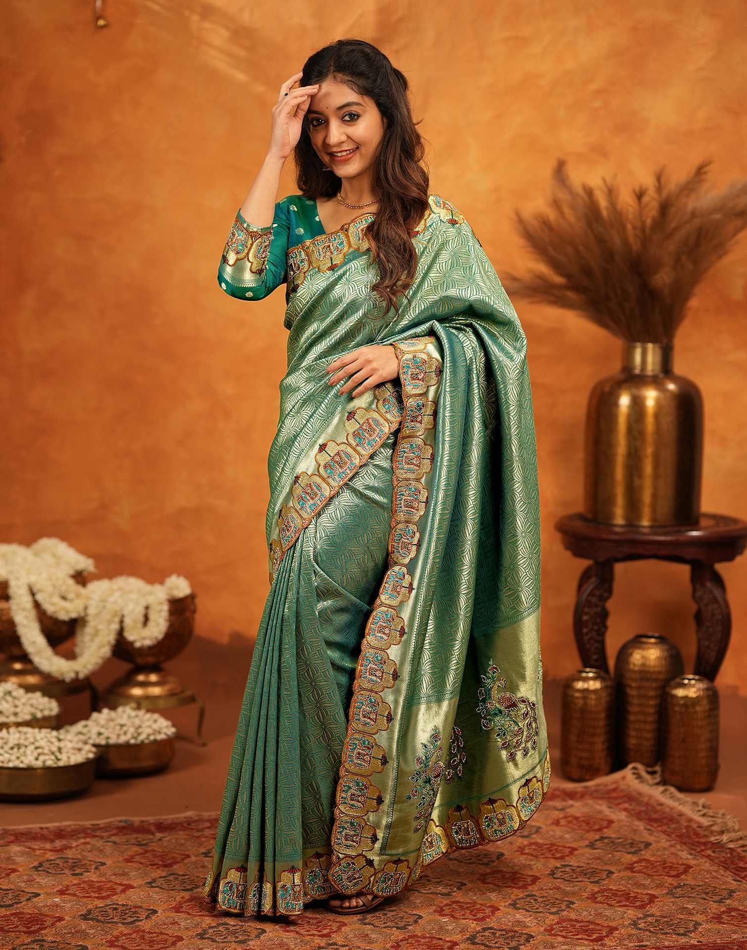 Teal Green Silk Woven Embroidery Stone Work Embellished Saree - Image 8