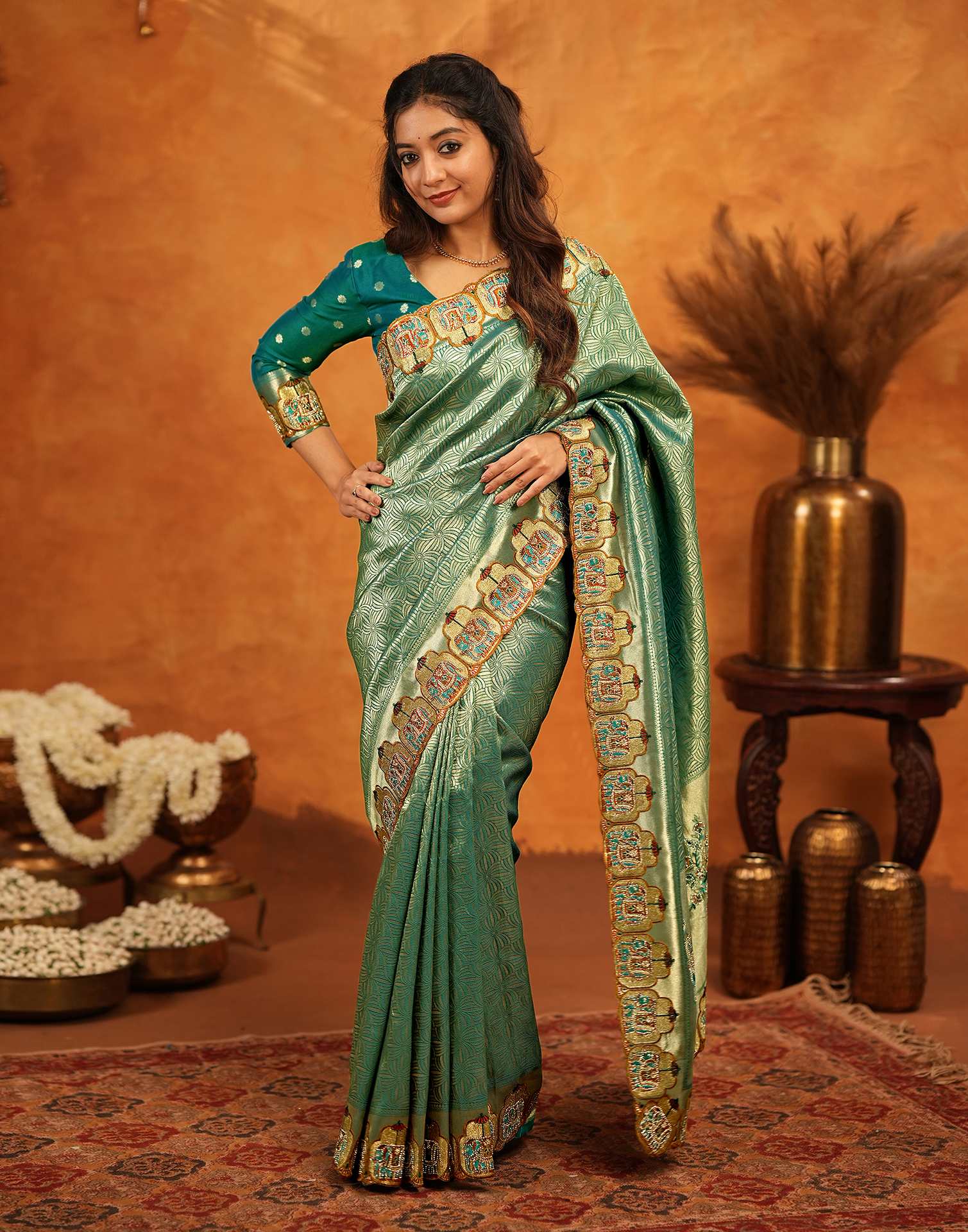 Teal Green Silk Woven Embroidery Stone Work Embellished Saree - Image 9