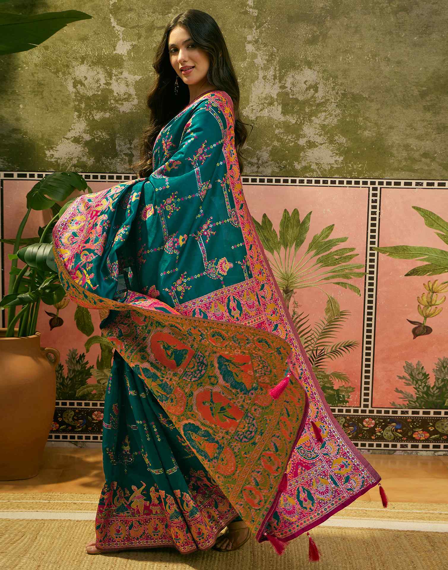 Teal Green Silk Woven Kalamkari Saree - Image 4