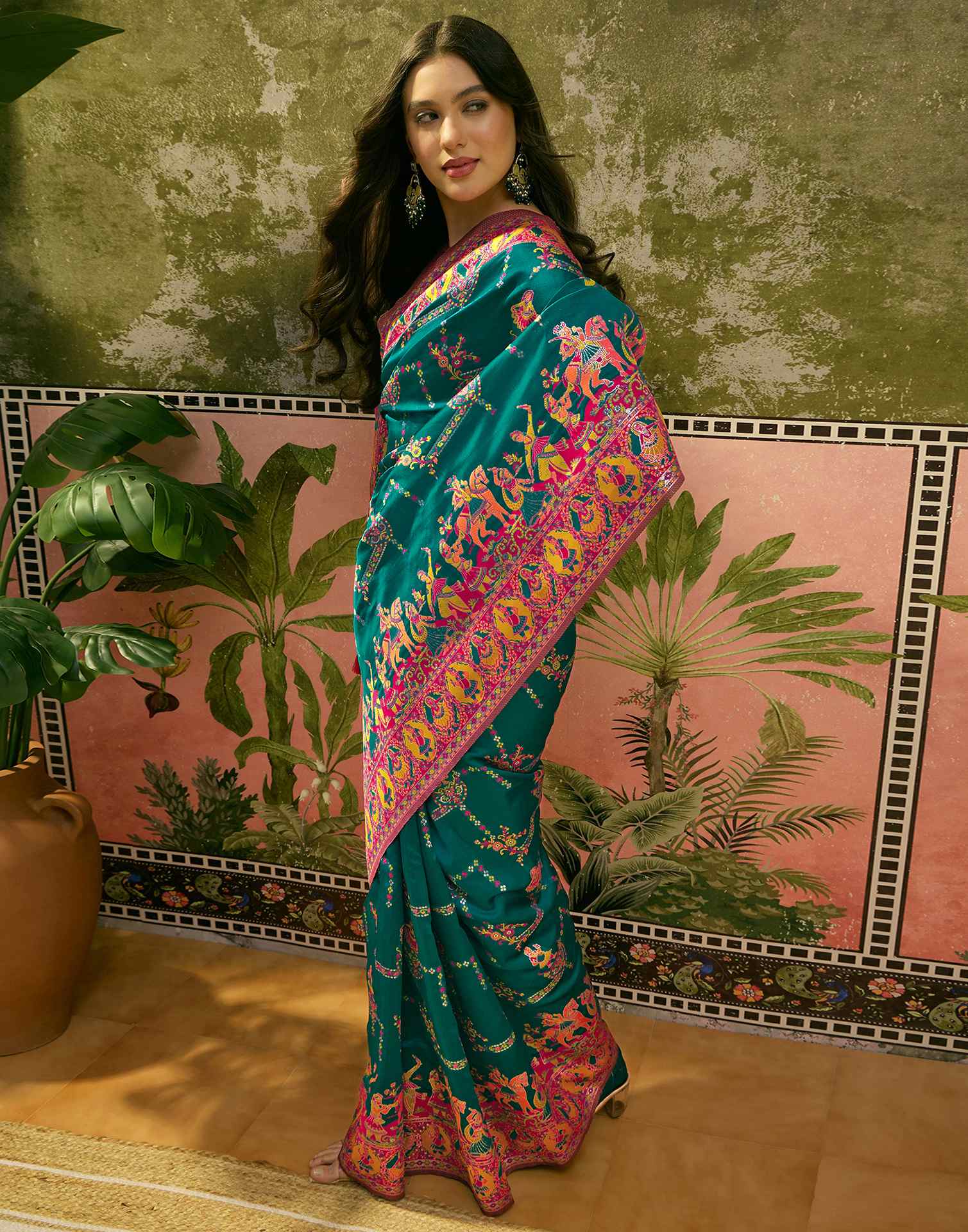 Teal Green Silk Woven Kalamkari Saree - Image 5