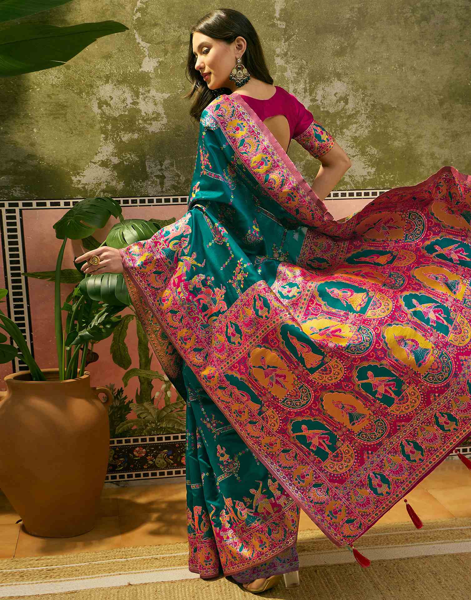 Teal Green Silk Woven Kalamkari Saree - Image 6