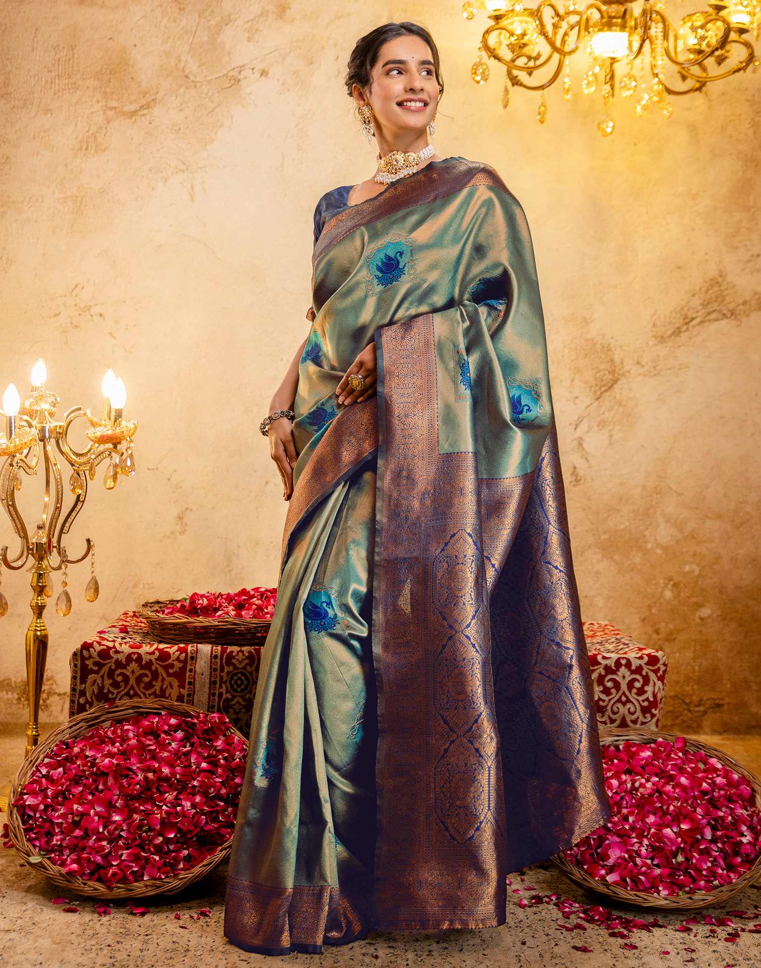Teal Green Silk Woven Kanjivaram Saree - Image 4