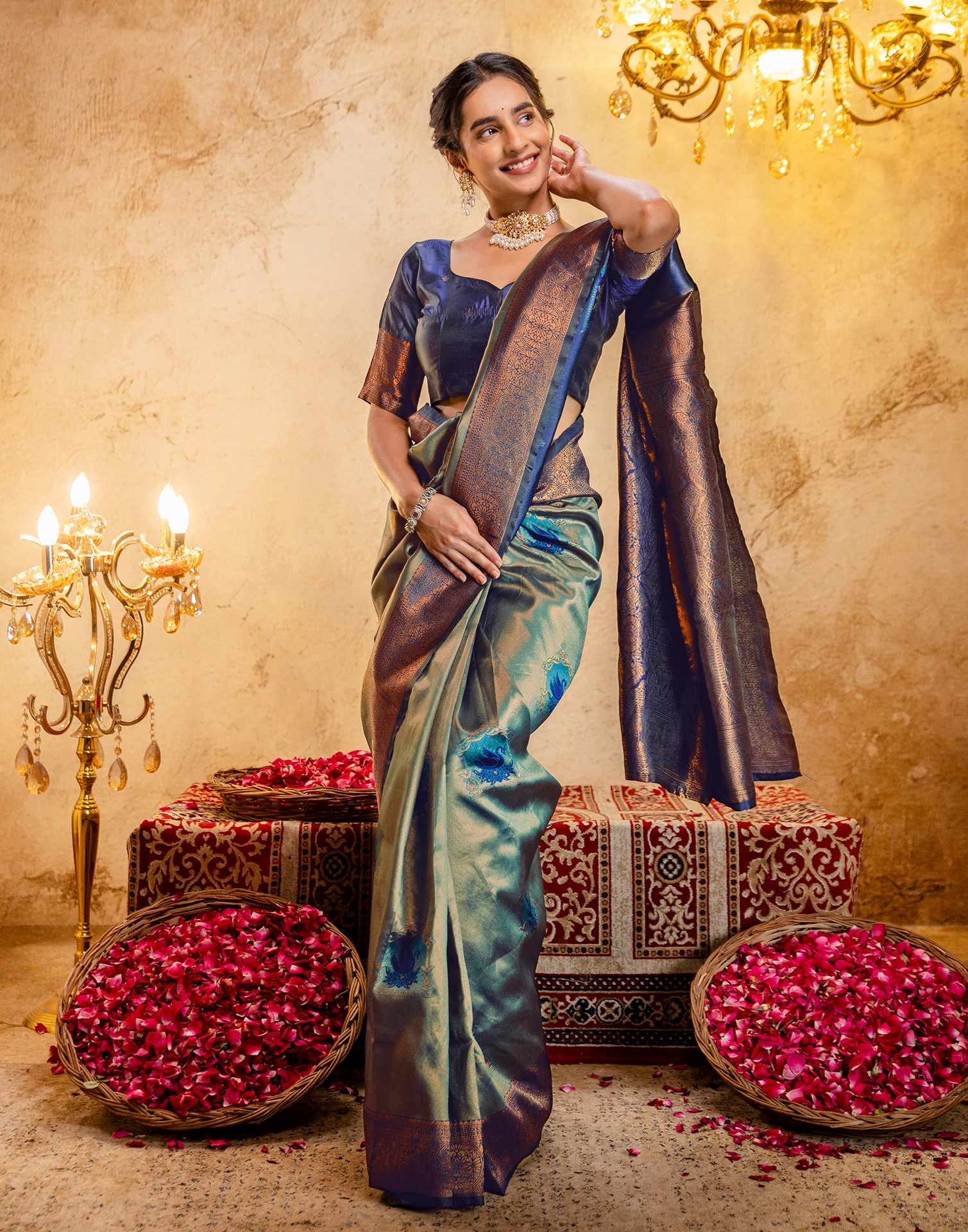 Teal Green Silk Woven Kanjivaram Saree - Image 9