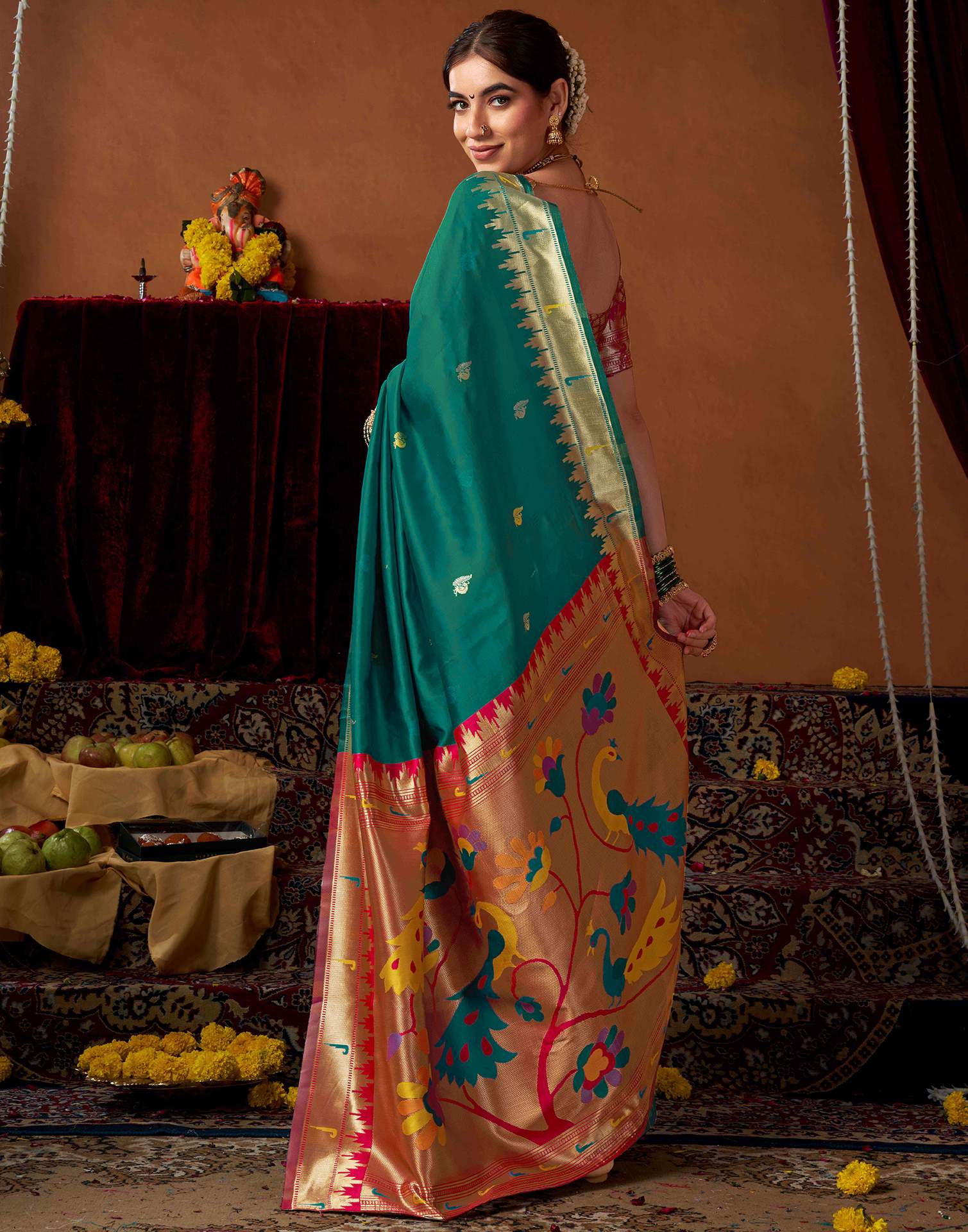 Teal Green Silk Paithani Chaturthi Saree - Image 6