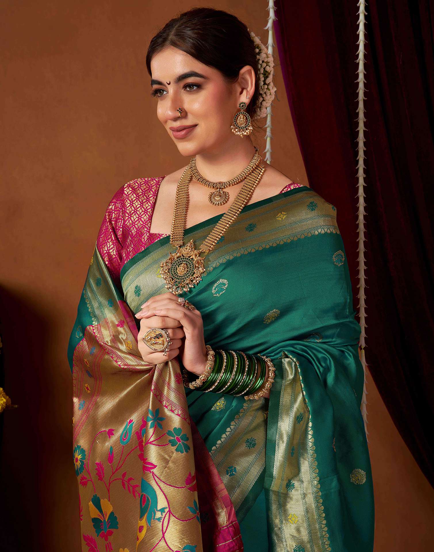 Teal Green Silk Paithani Chaturthi Saree - Image 2