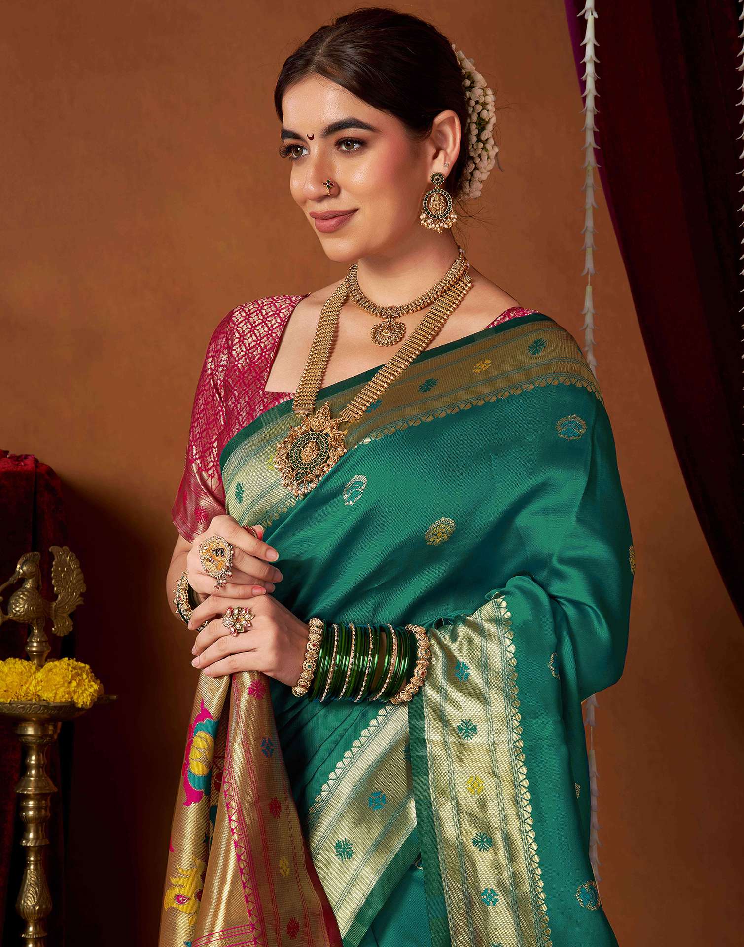 Teal Green Silk Paithani Chaturthi Saree - Image 4