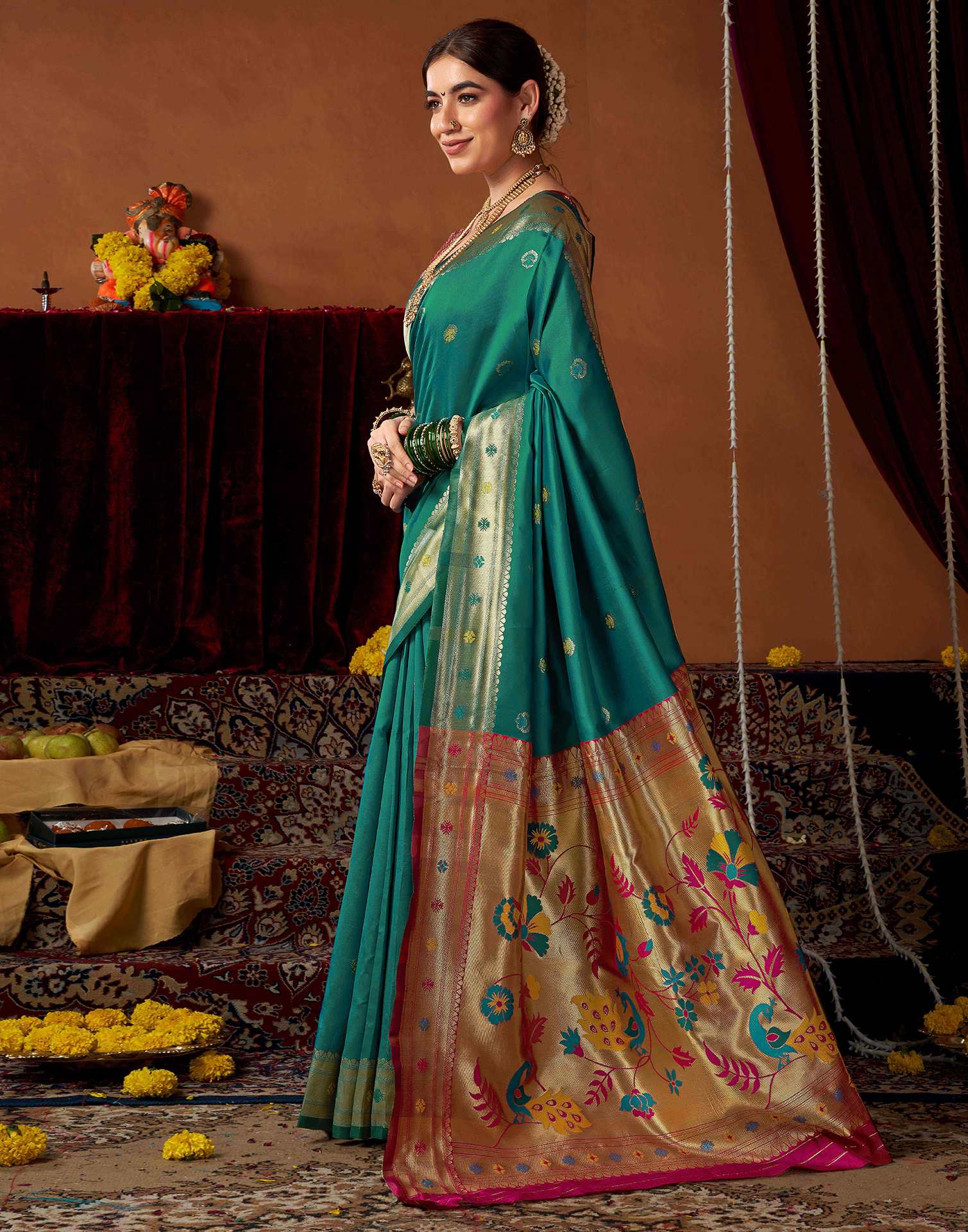 Teal Green Silk Paithani Chaturthi Saree - Image 5