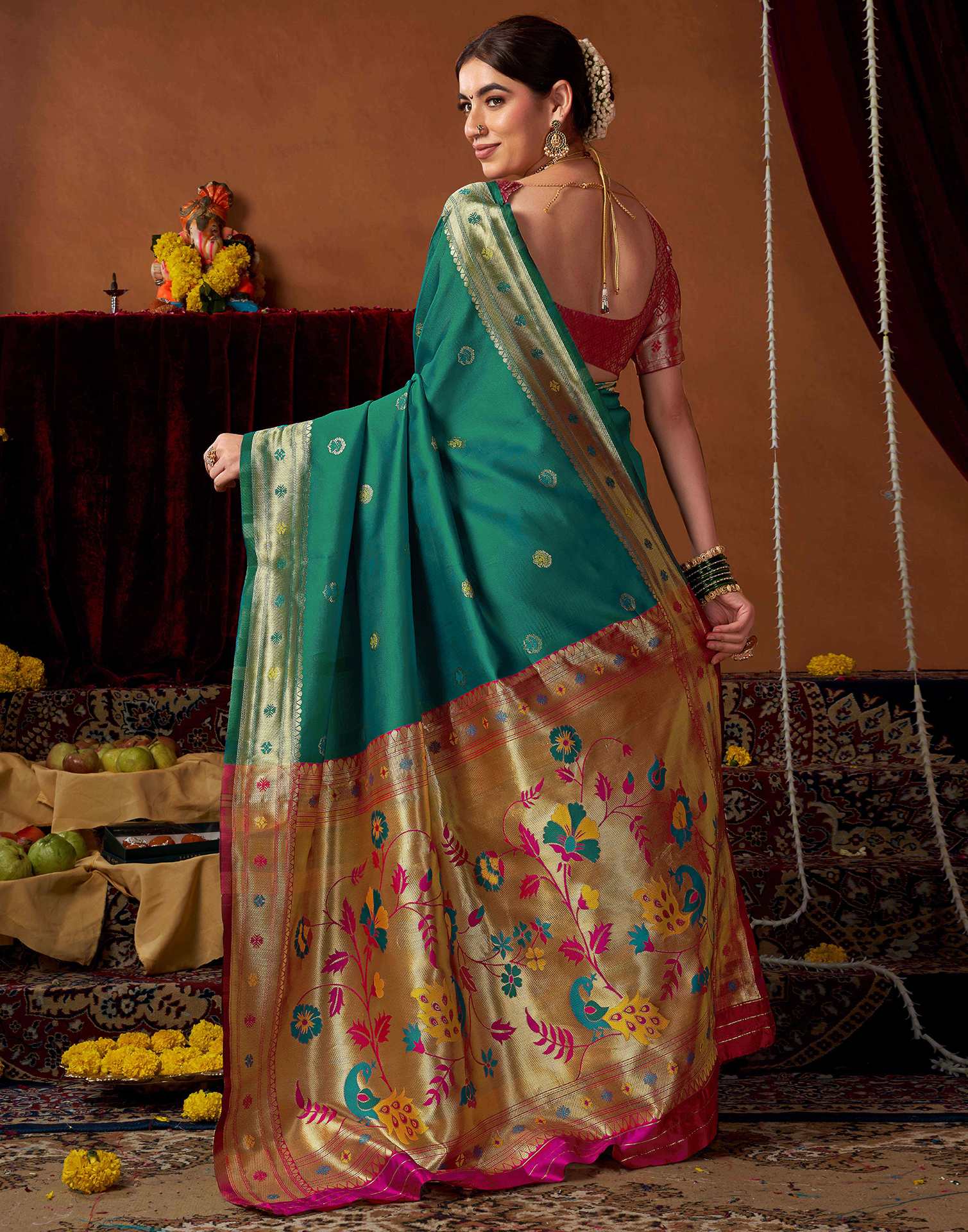 Teal Green Silk Paithani Chaturthi Saree - Image 7