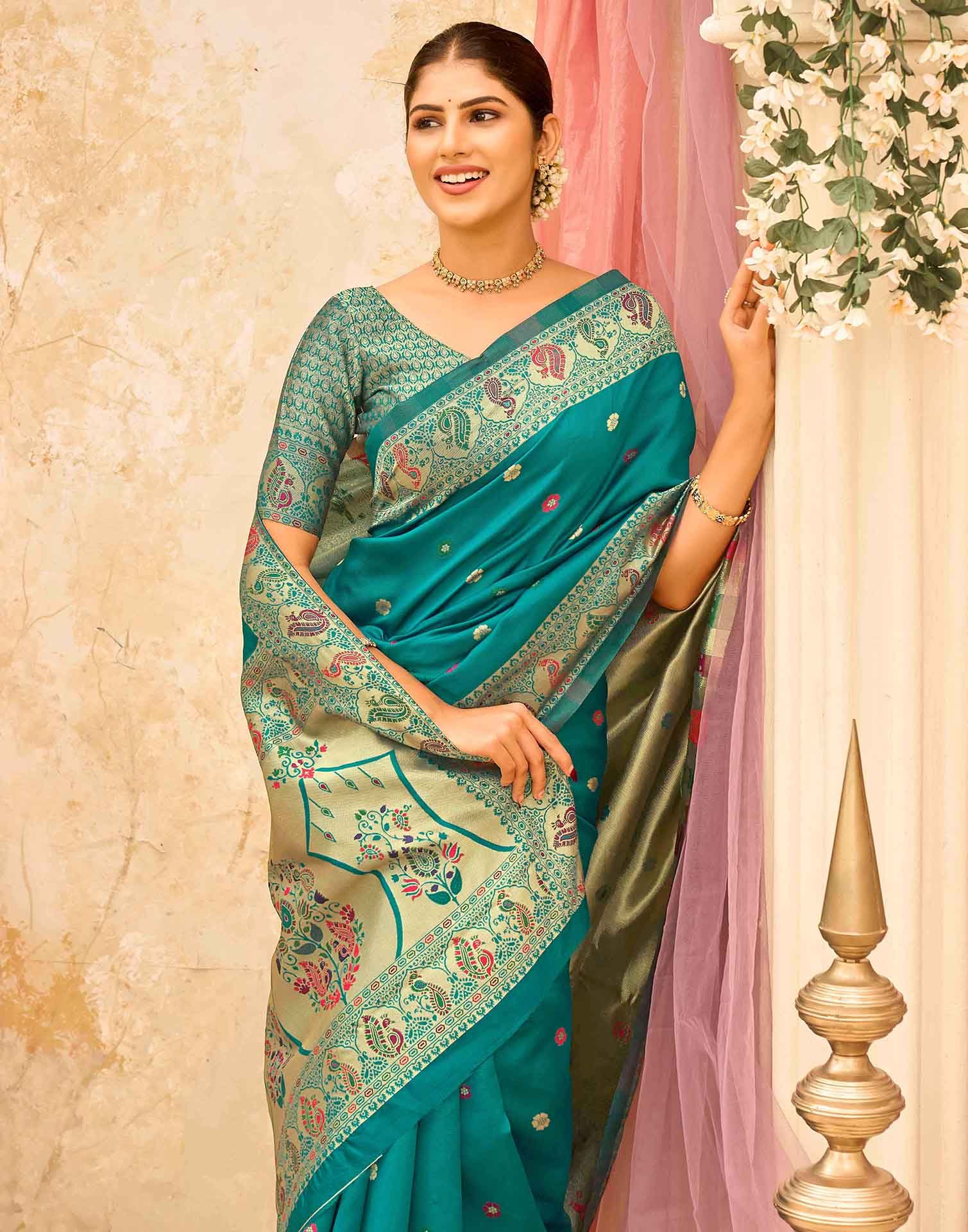Teal Green Silk Woven Paithani Saree - Image 2