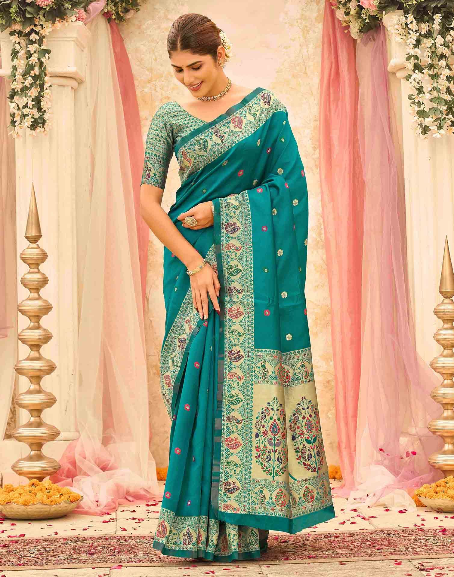 Teal Green Silk Woven Paithani Saree - Image 4