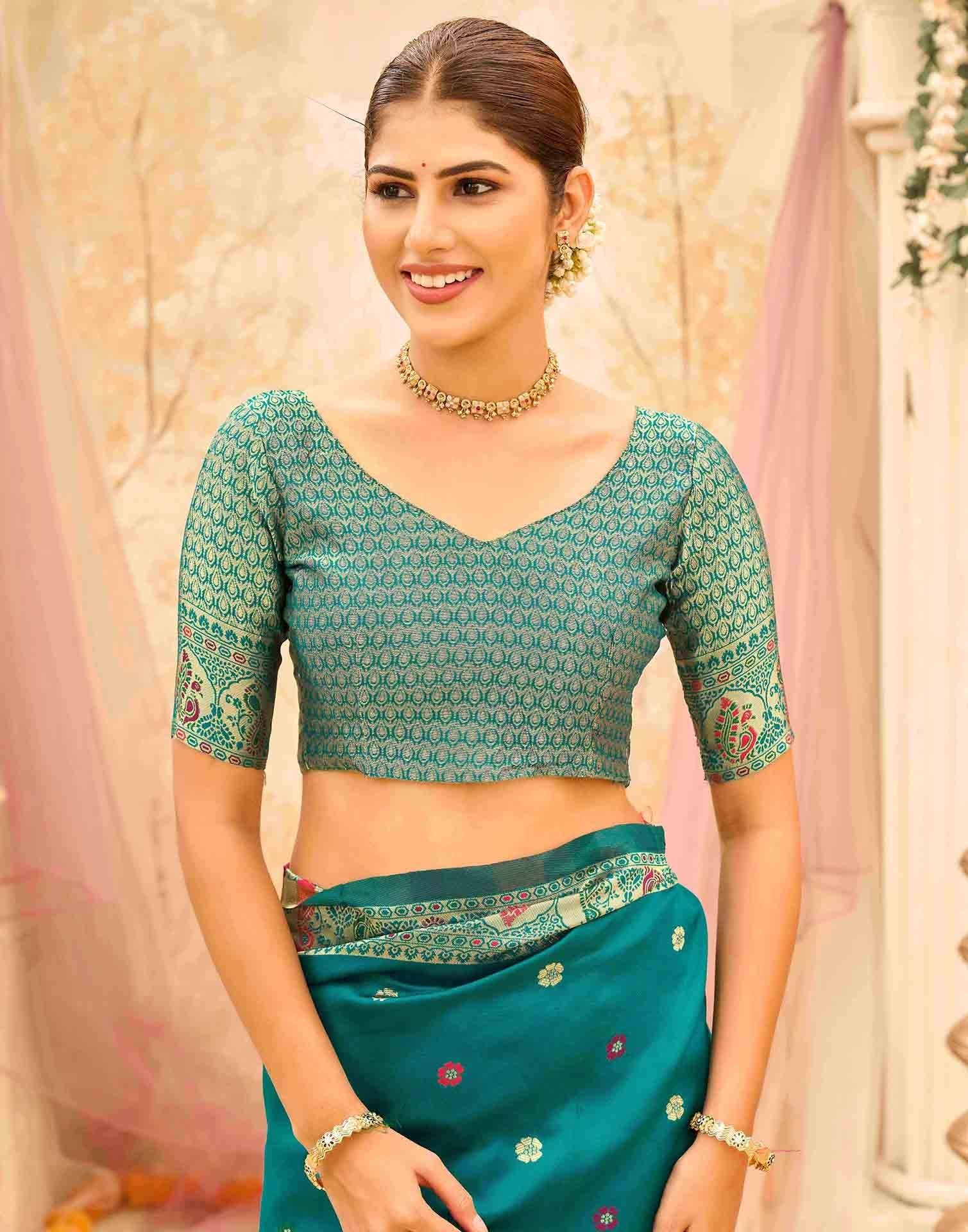 Teal Green Silk Woven Paithani Saree - Image 7