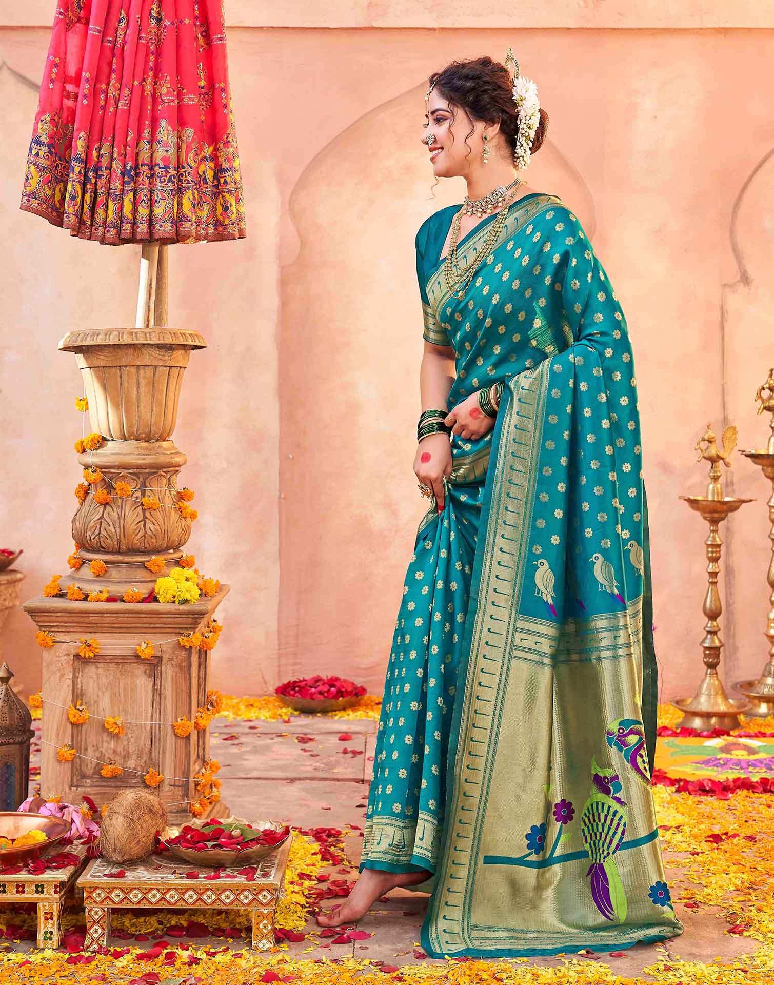 Teal Green Silk Woven Paithani Saree - Image 4