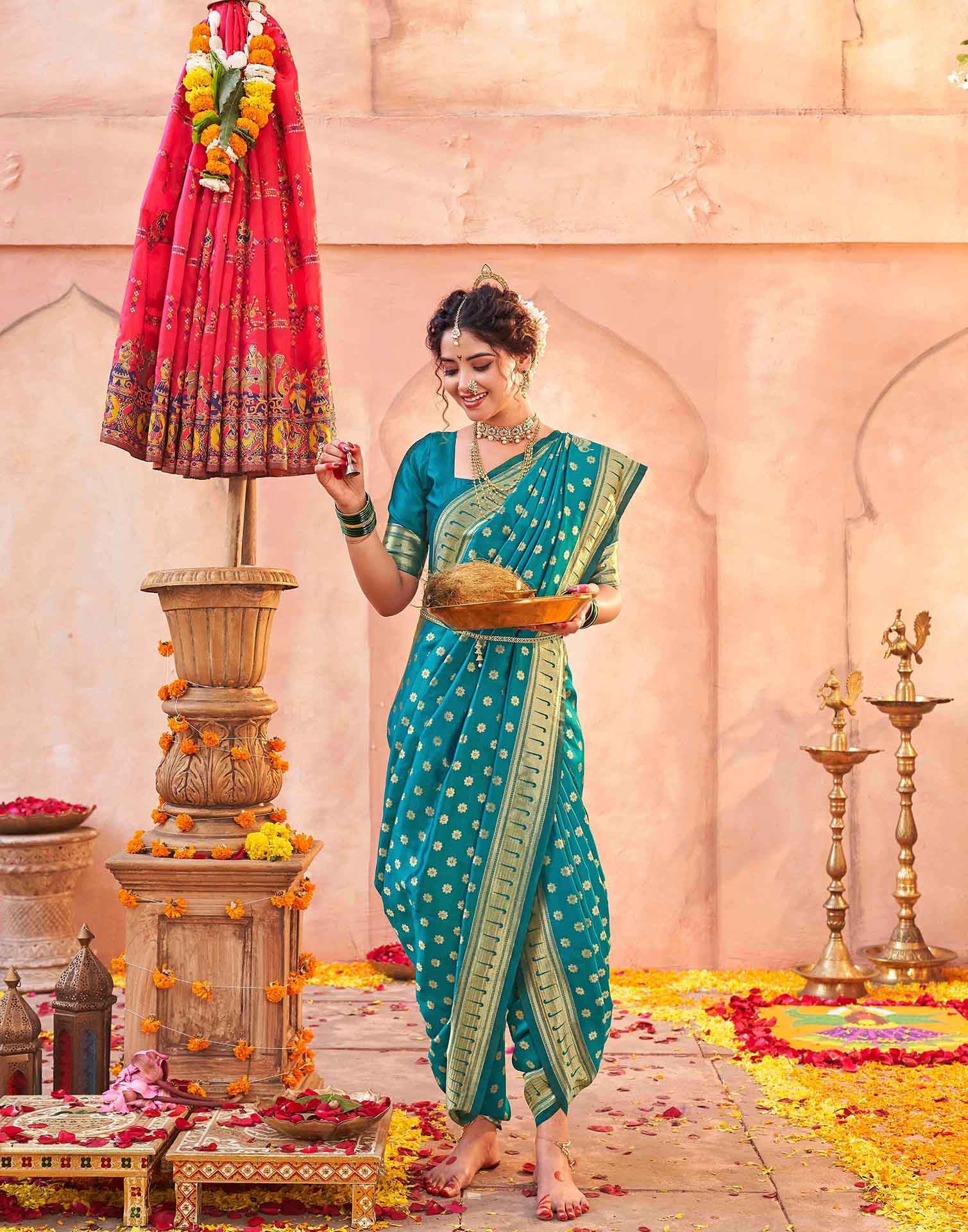 Teal Green Silk Woven Paithani Saree - Image 5