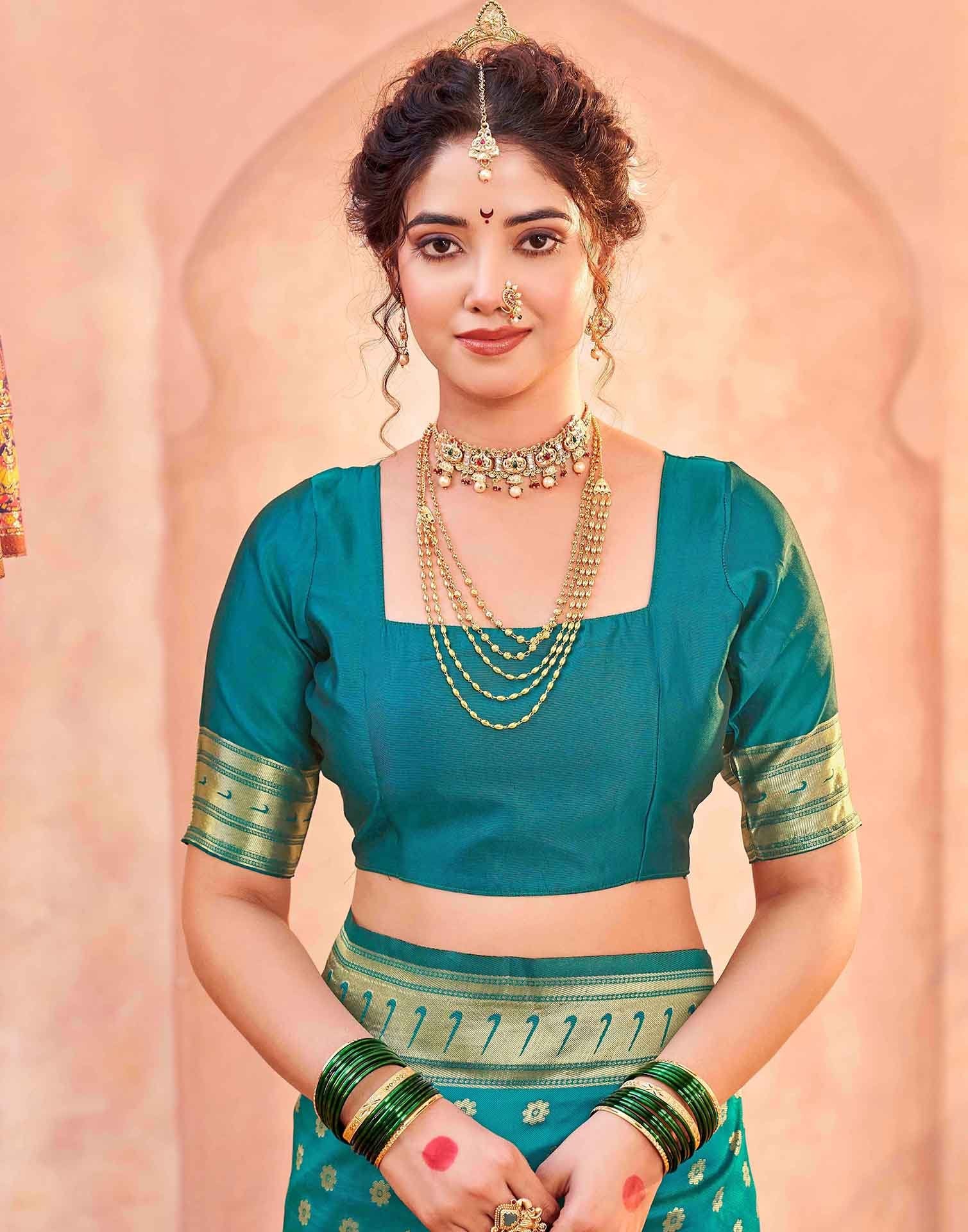 Teal Green Silk Woven Paithani Saree - Image 8