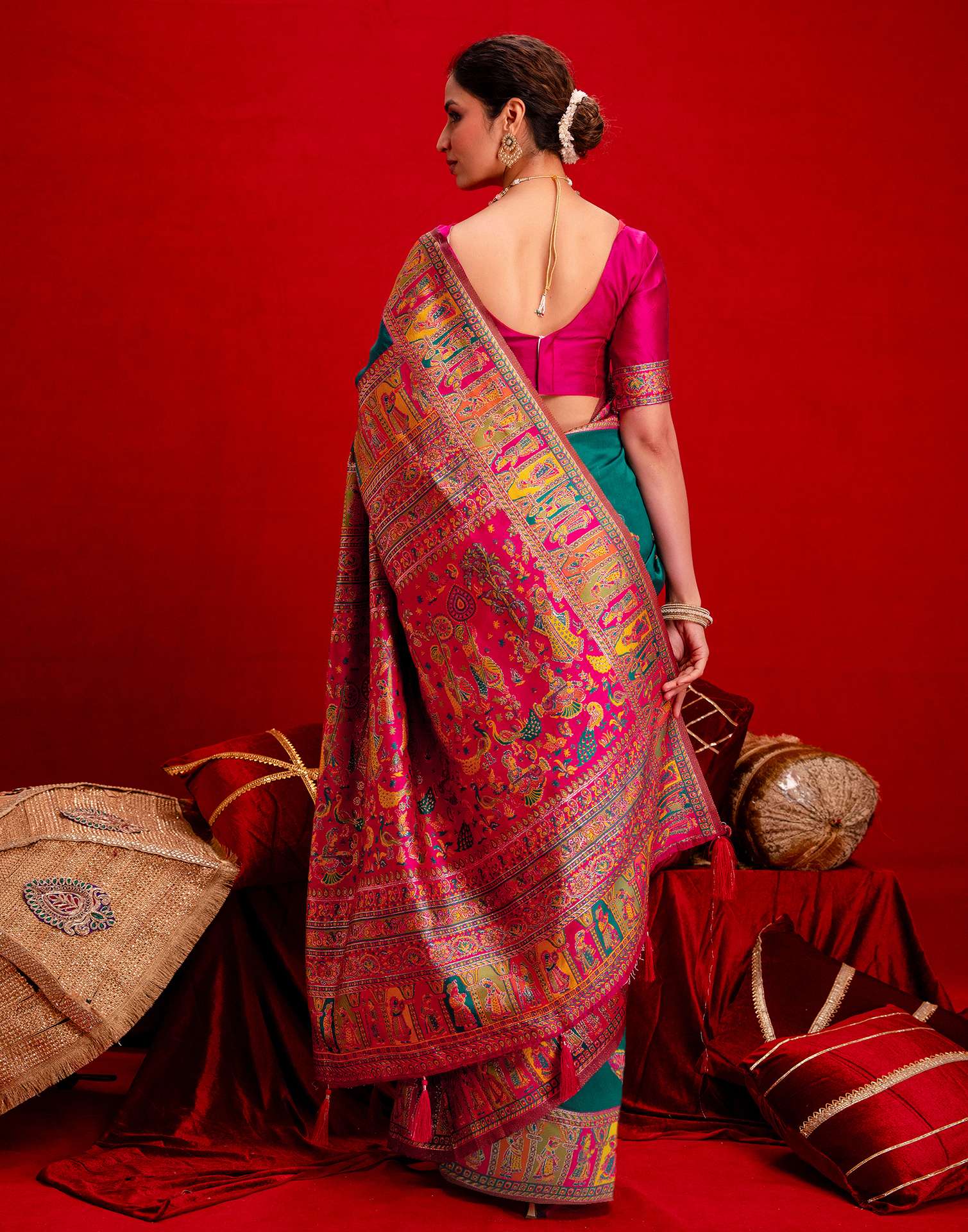 Teal Green Silk Woven Paithani Saree - Image 7