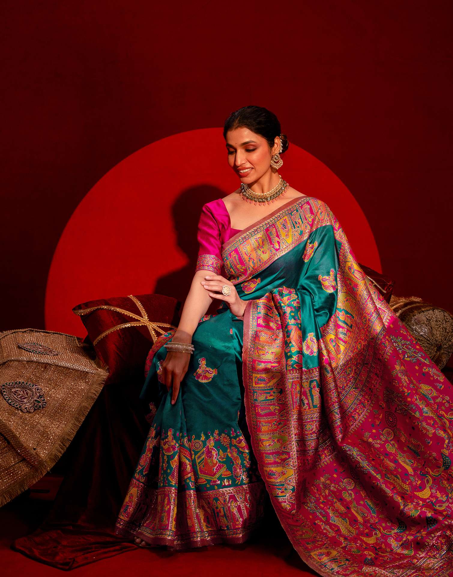 Teal Green Silk Woven Paithani Saree - Image 8