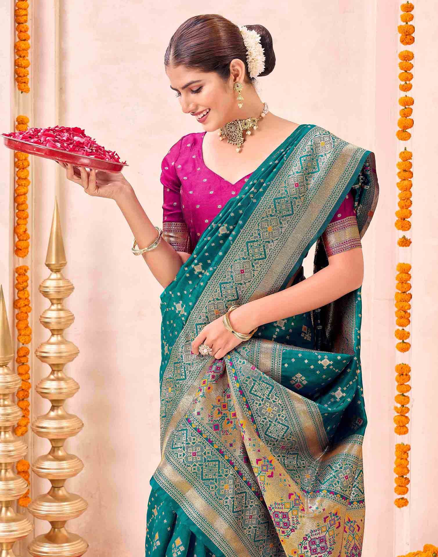 Teal Green Silk Woven Patola Saree - Image 2