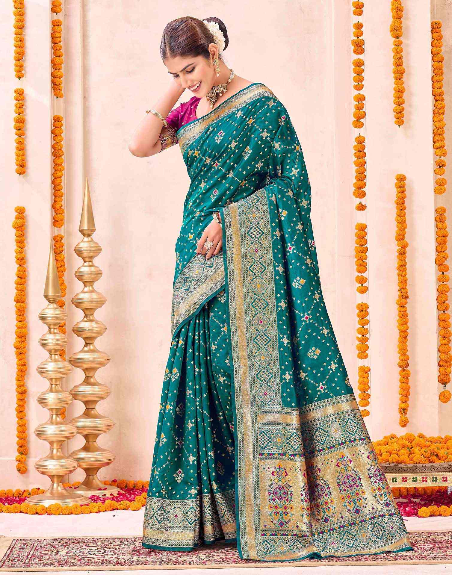 Teal Green Silk Woven Patola Saree - Image 4