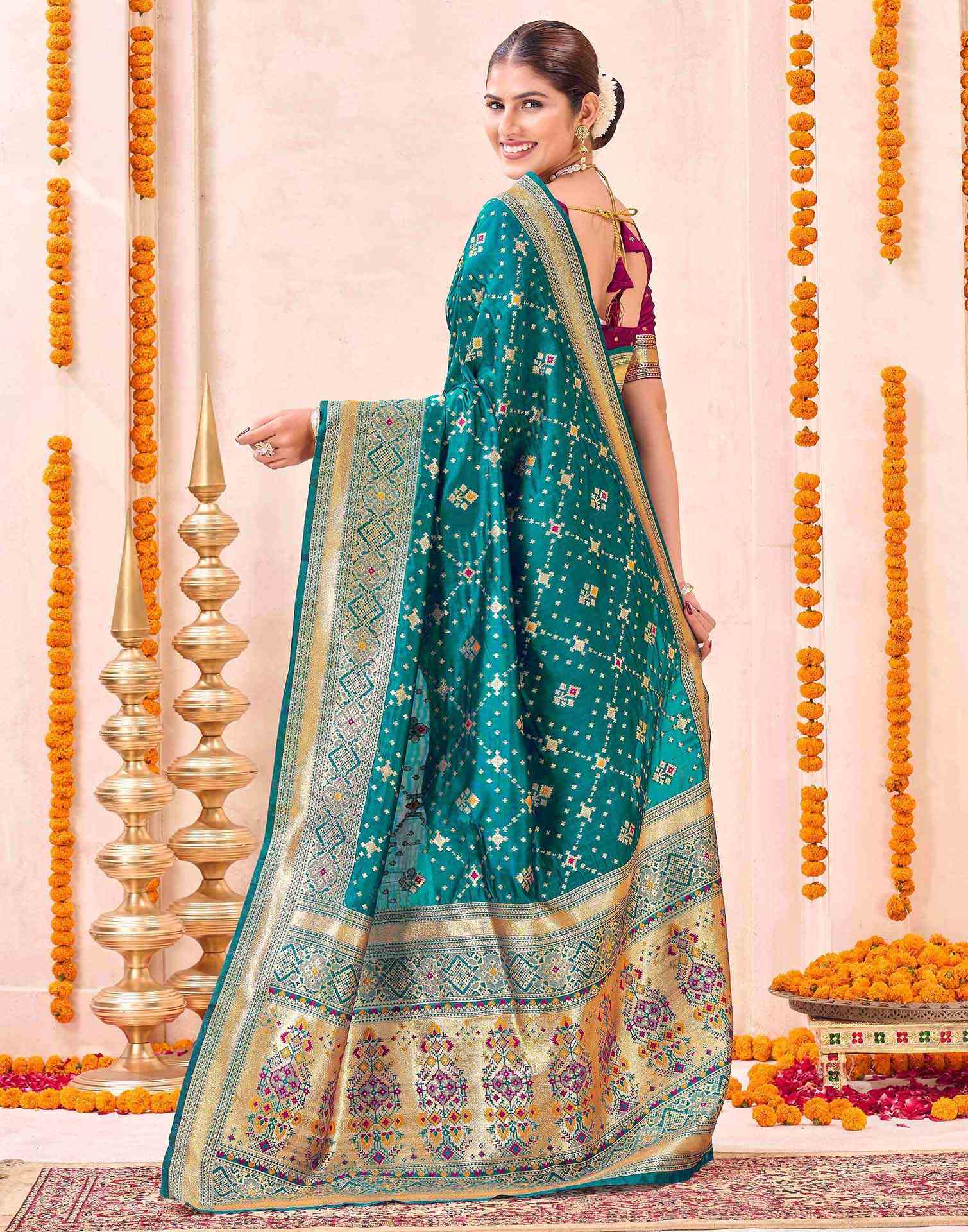 Teal Green Silk Woven Patola Saree - Image 6