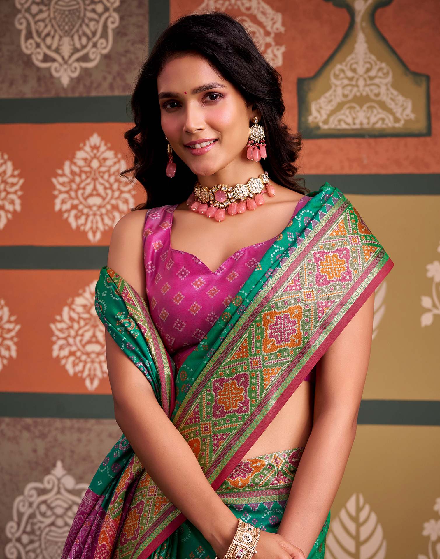 Teal Green Silk Woven Patola Saree - Image 2