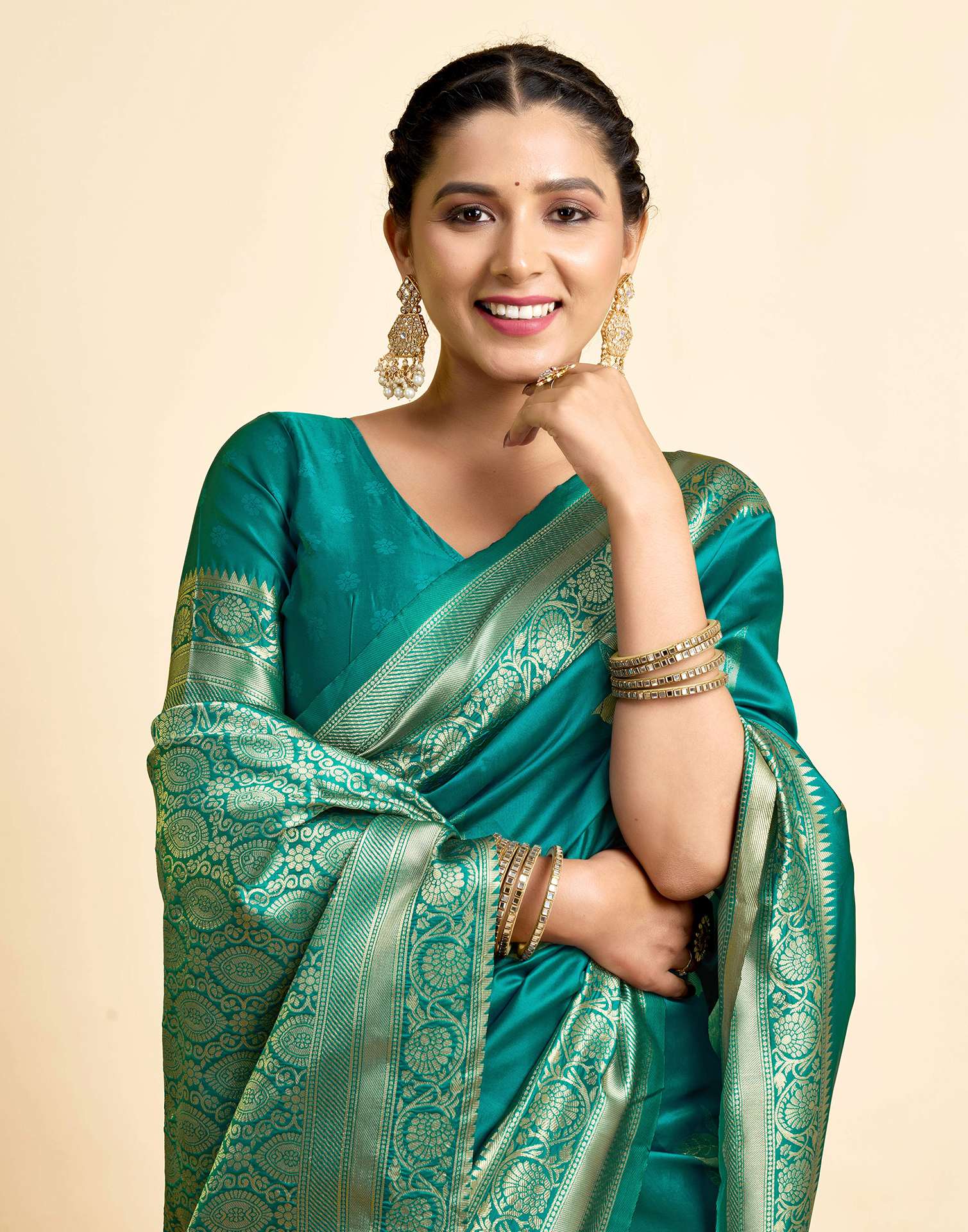Teal Green Silk Woven Banarasi Saree - Image 2