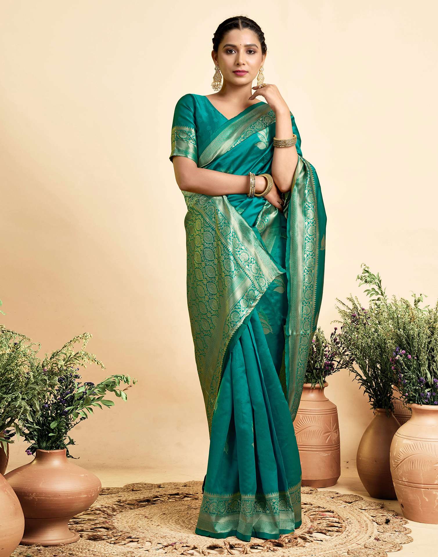 Teal Green Silk Woven Banarasi Saree - Image 5
