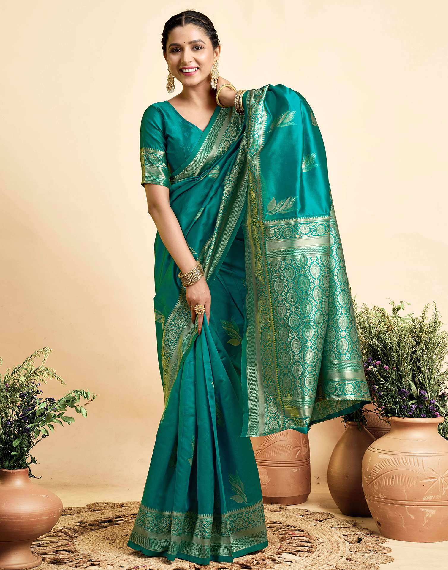 Teal Green Silk Woven Banarasi Saree - Image 7