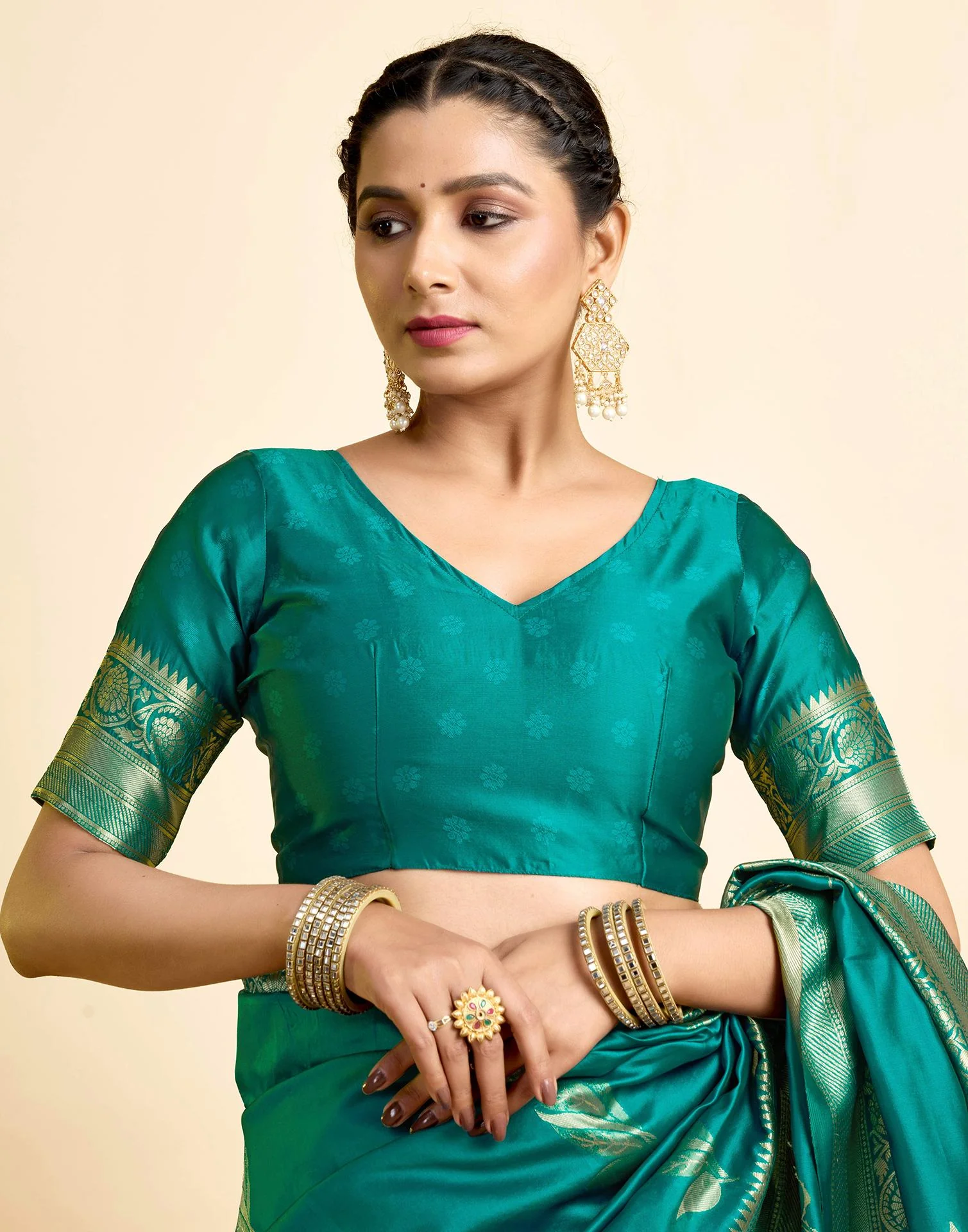 Teal Green Silk Woven Banarasi Saree - Image 9