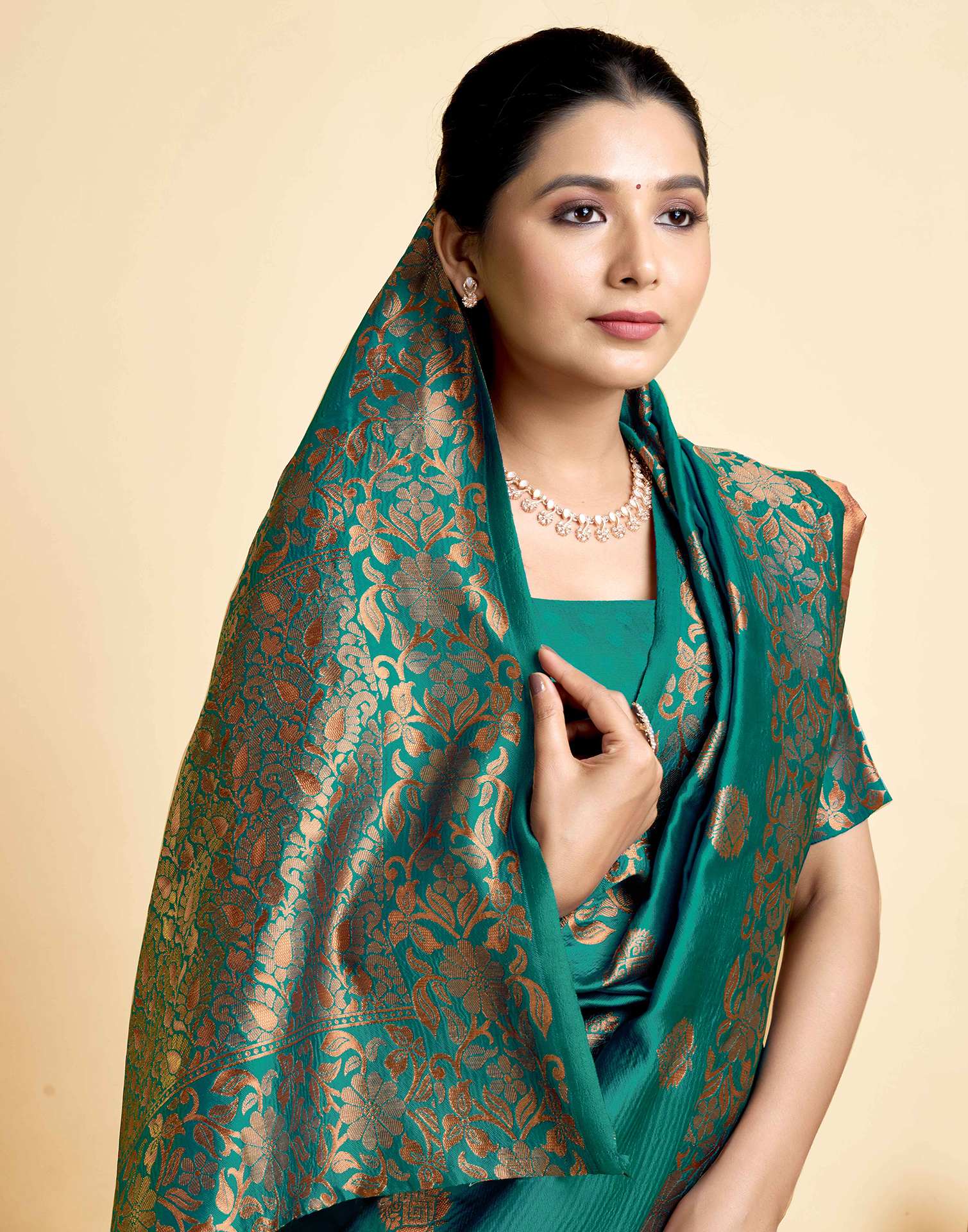 Teal Green Silk Woven Banarasi Saree - Image 2