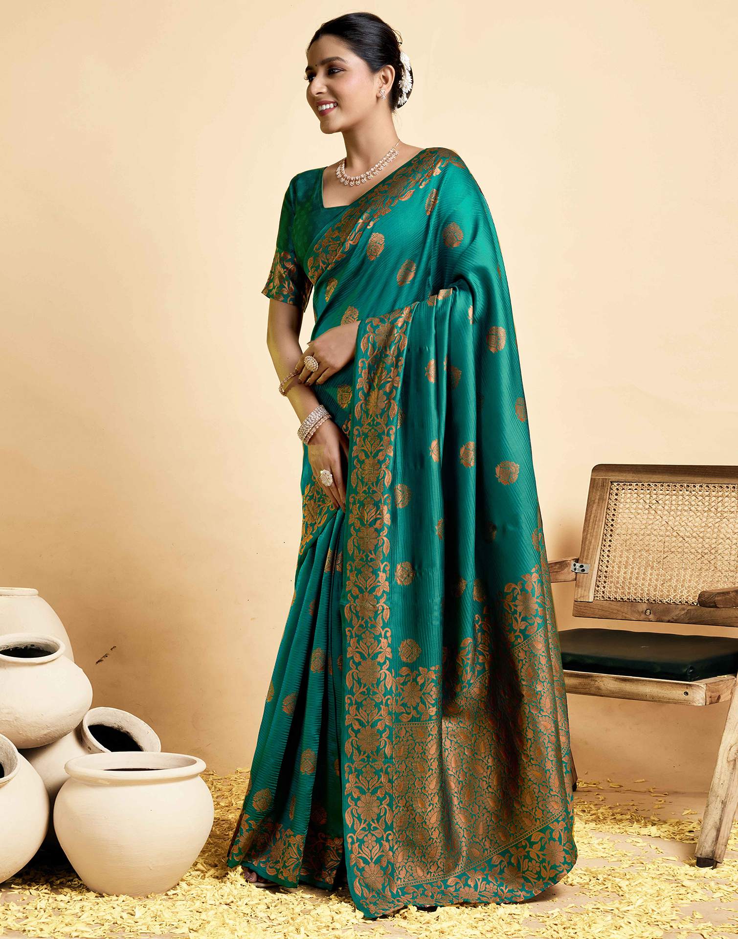 Teal Green Silk Woven Banarasi Saree - Image 5