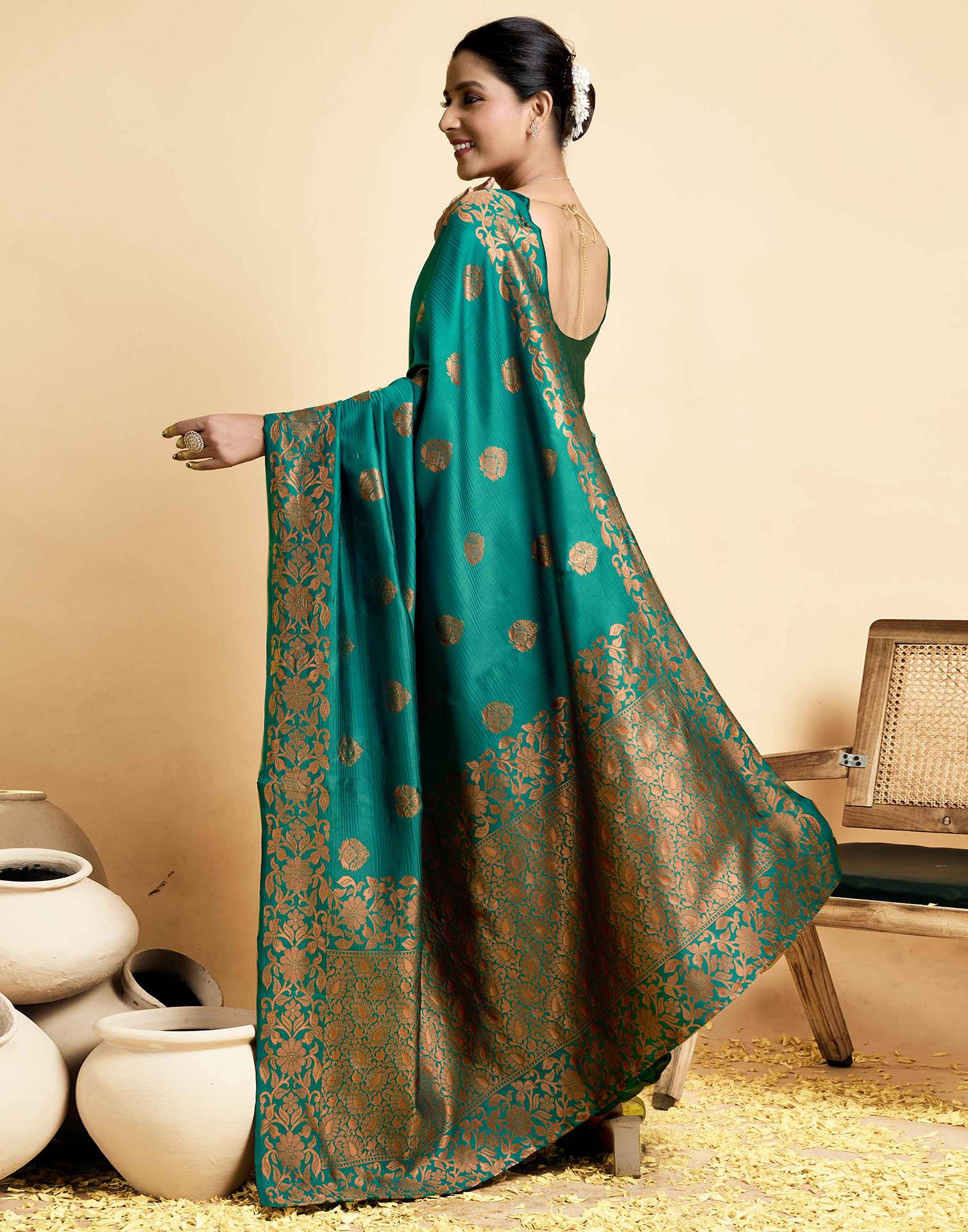 Teal Green Silk Woven Banarasi Saree - Image 7