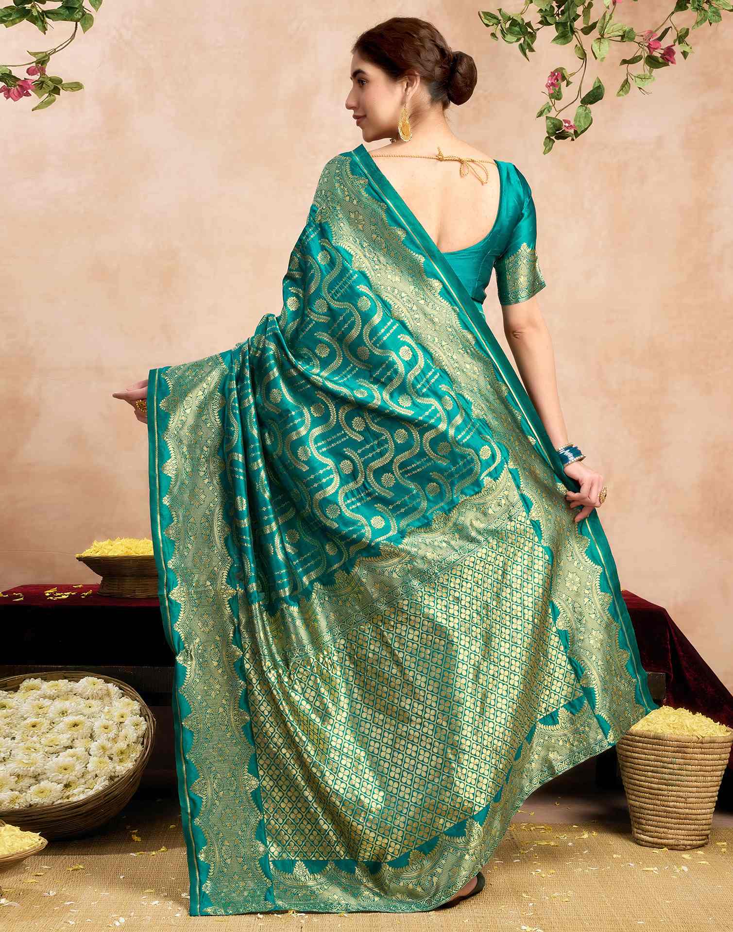 Teal Green Silk Woven Banarasi Saree - Image 6